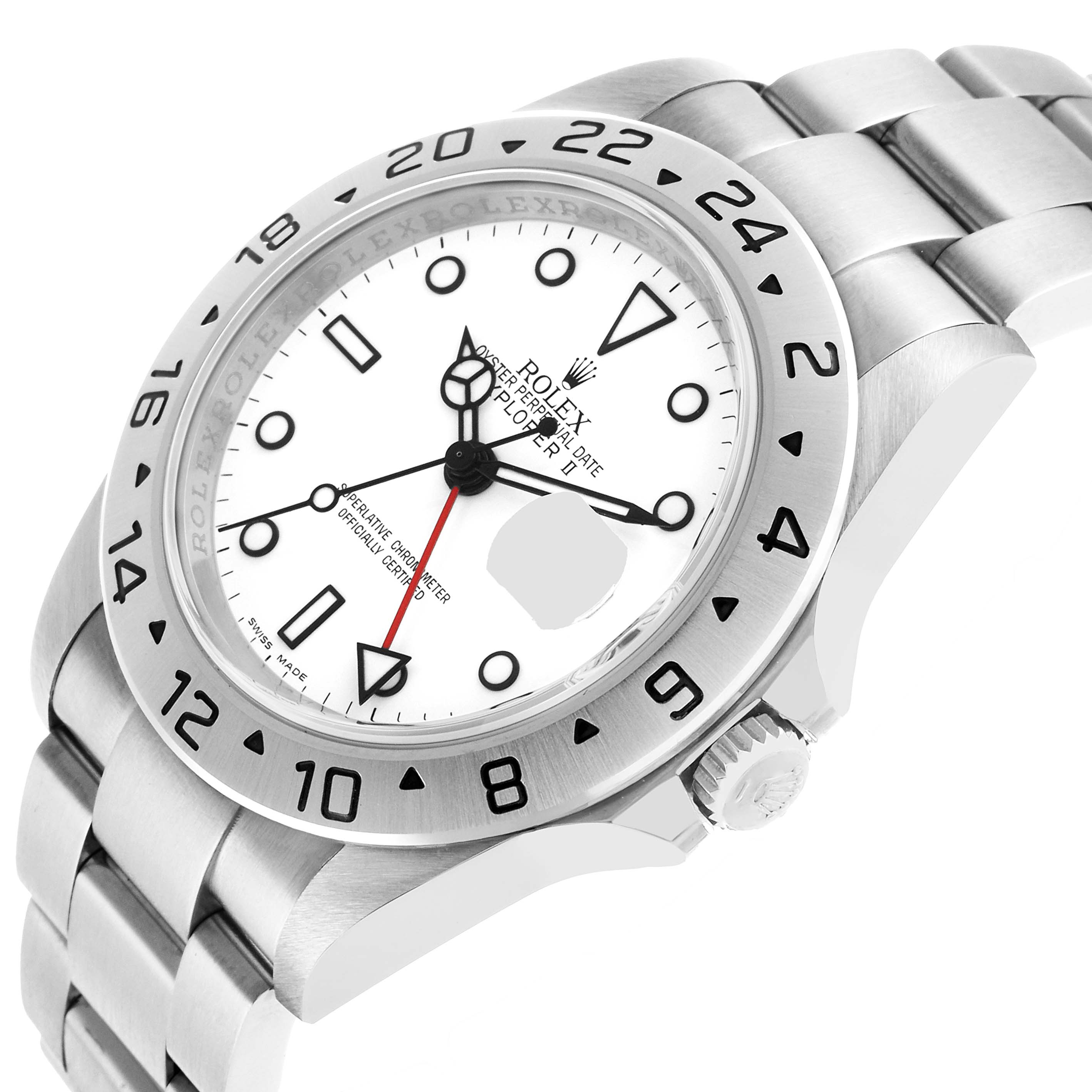 The image shows a Rolex Explorer 16570 Men's Stainless Steel White Dial watch at a three-quarter angle, highlighting the bezel, dial, crown, and bracelet.