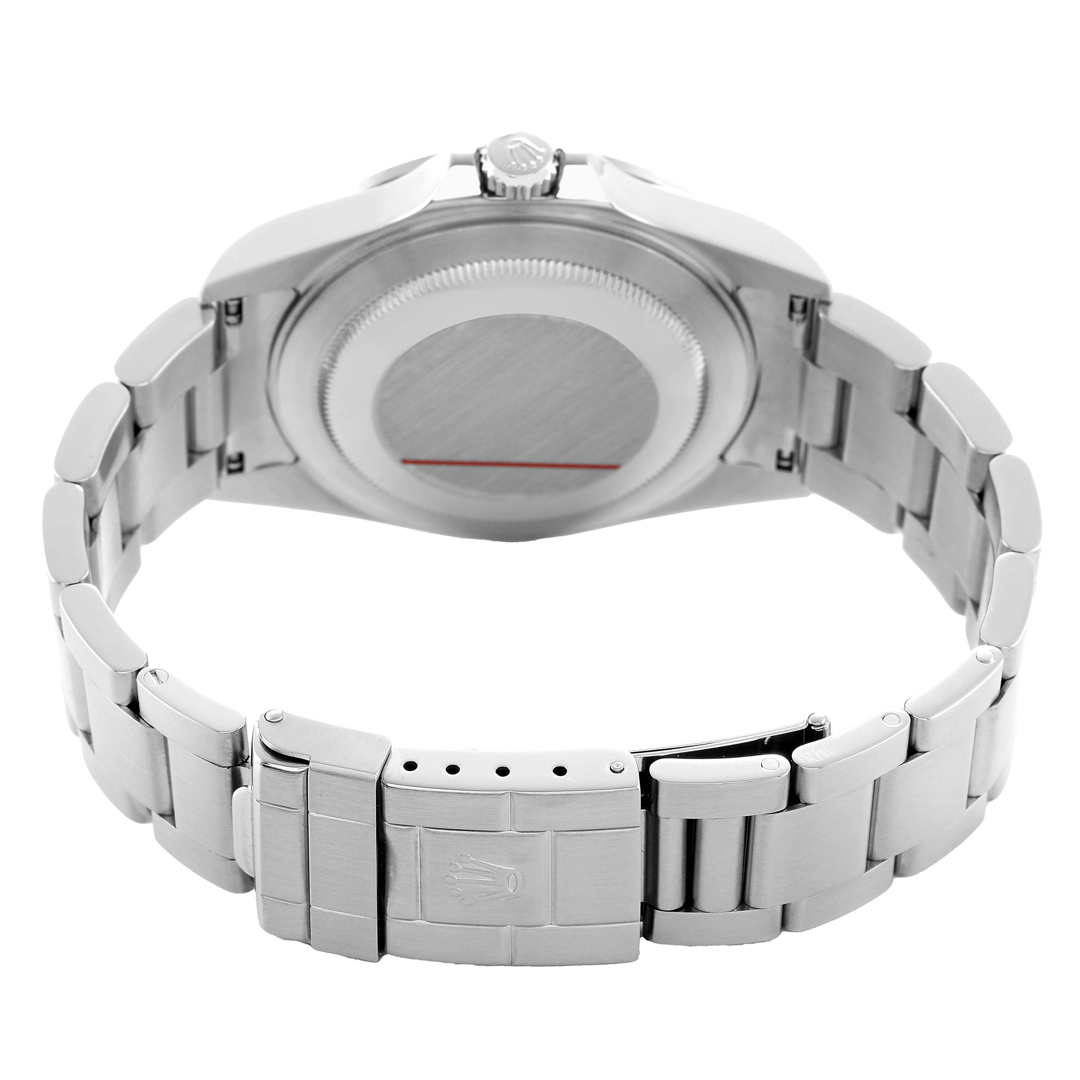 The Rolex Explorer 16570 Men's Stainless Steel White Dial watch is shown from the back, highlighting the case back and bracelet with a view of the clasp.