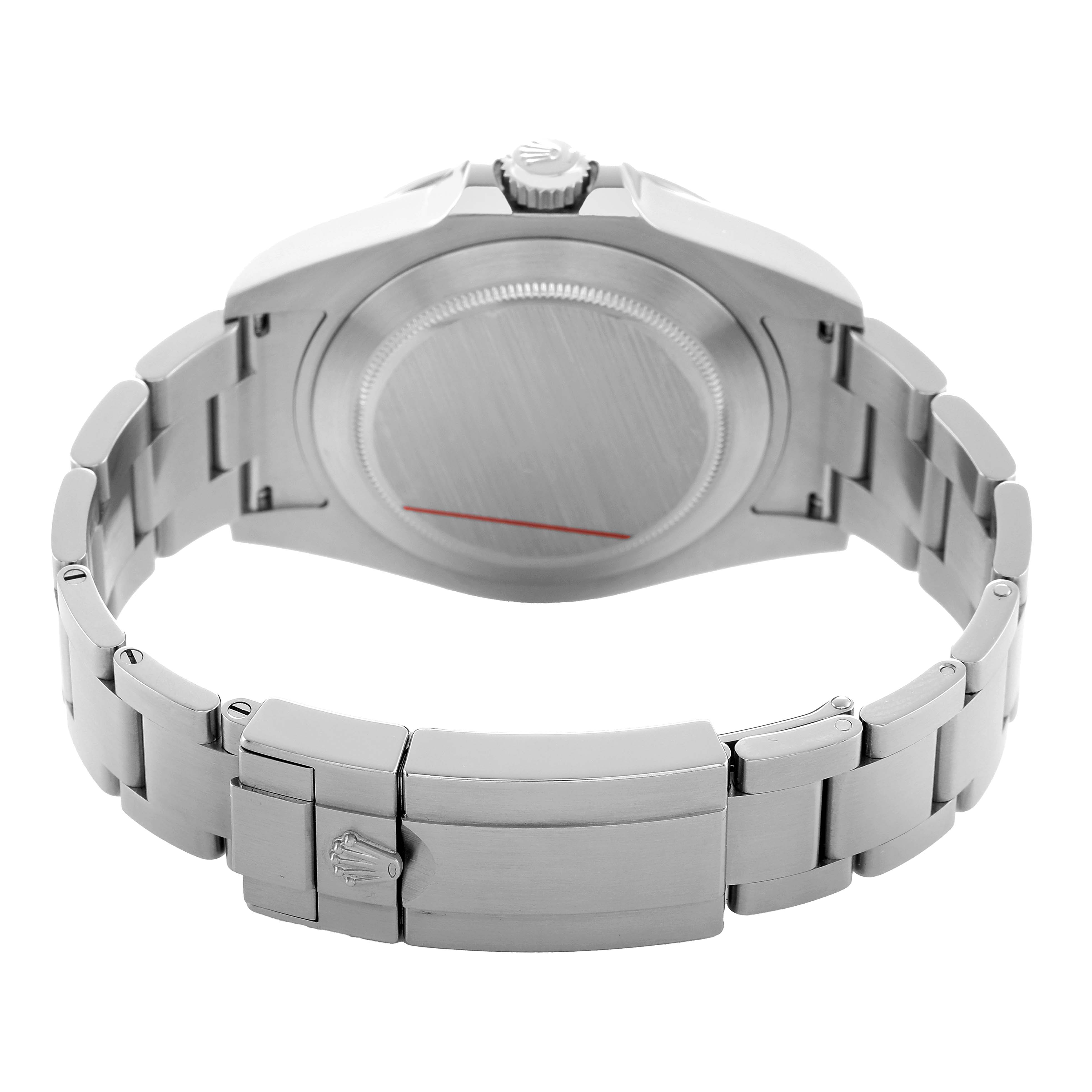 The image shows the back case and bracelet of a Rolex Explorer 216570 Men's Stainless Steel White Dial watch, displaying the clasp and links from a rear angle.