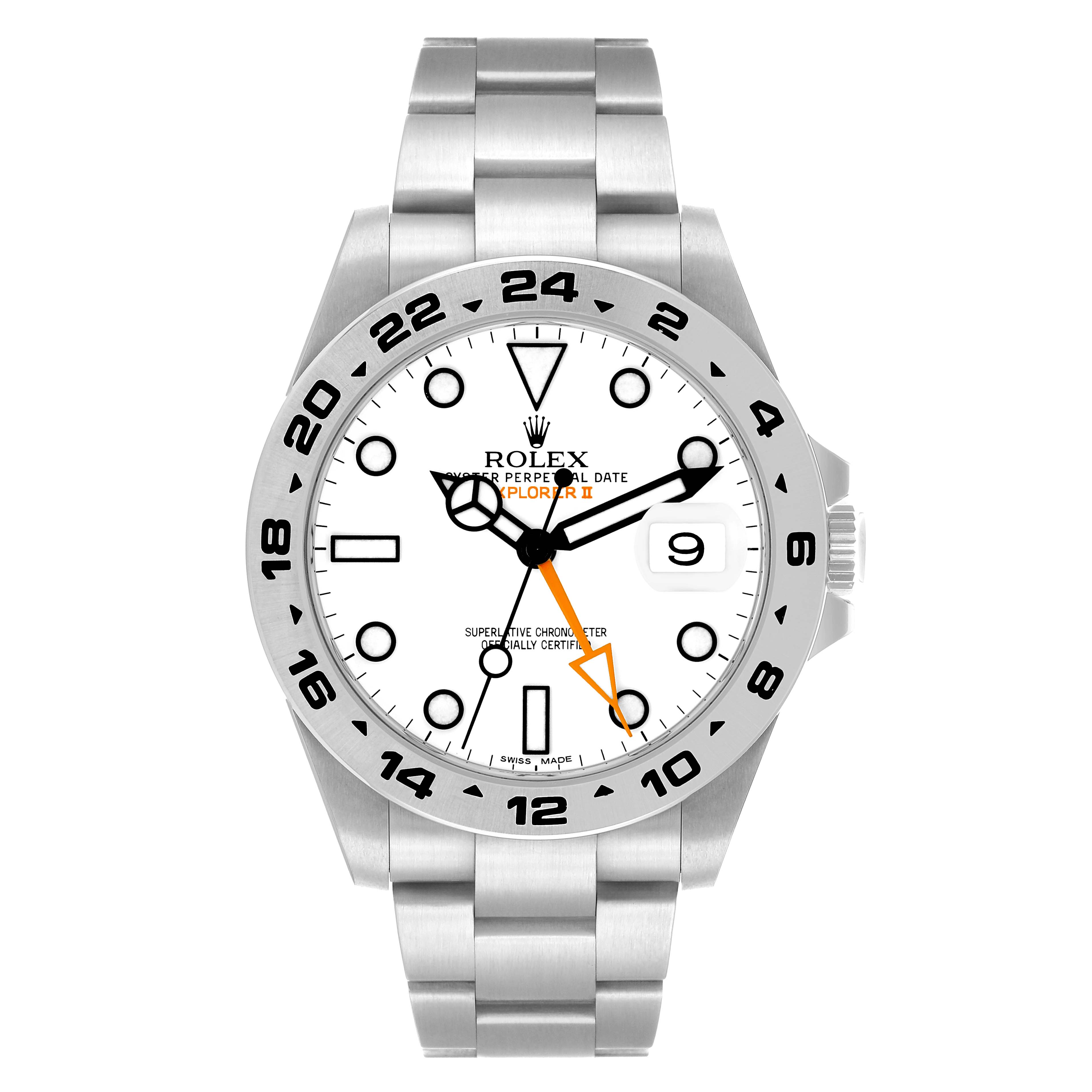 The image shows a frontal view of a Rolex Explorer 216570 Men's Stainless Steel White Dial II watch, displaying the dial, bezel, hands, and bracelet.