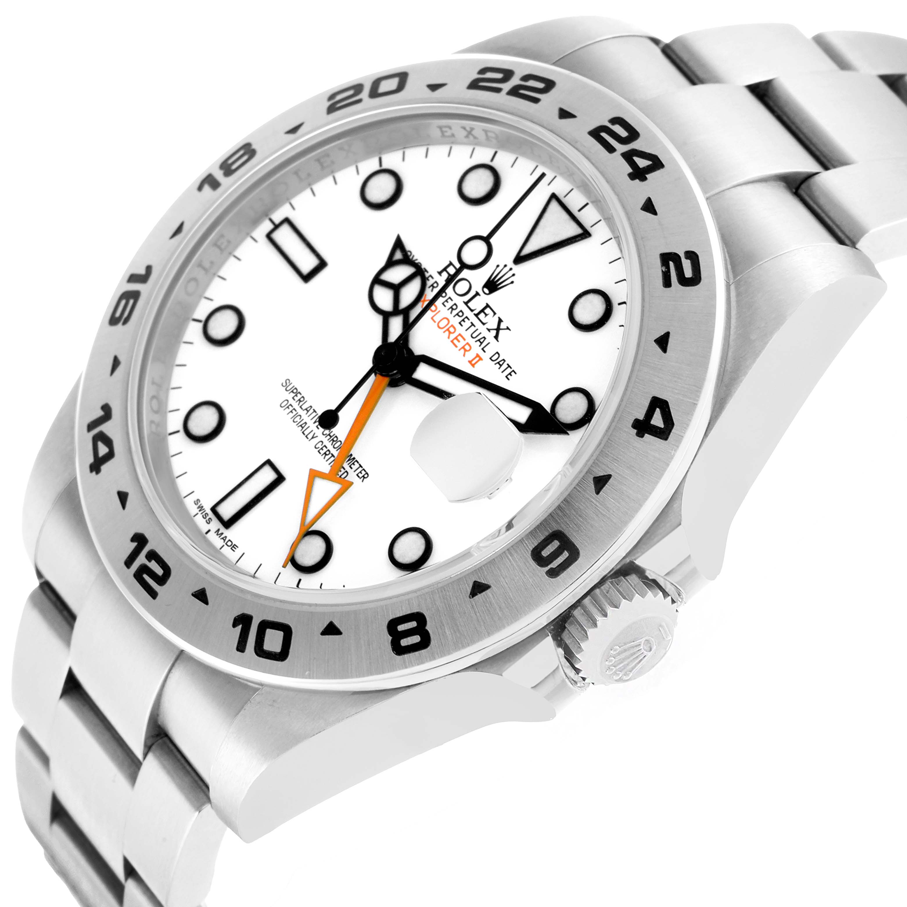 The Rolex Explorer 216570 Men's Stainless Steel White Dial model is shown in a three-quarter view, highlighting the bezel, dial, bracelet, and crown.