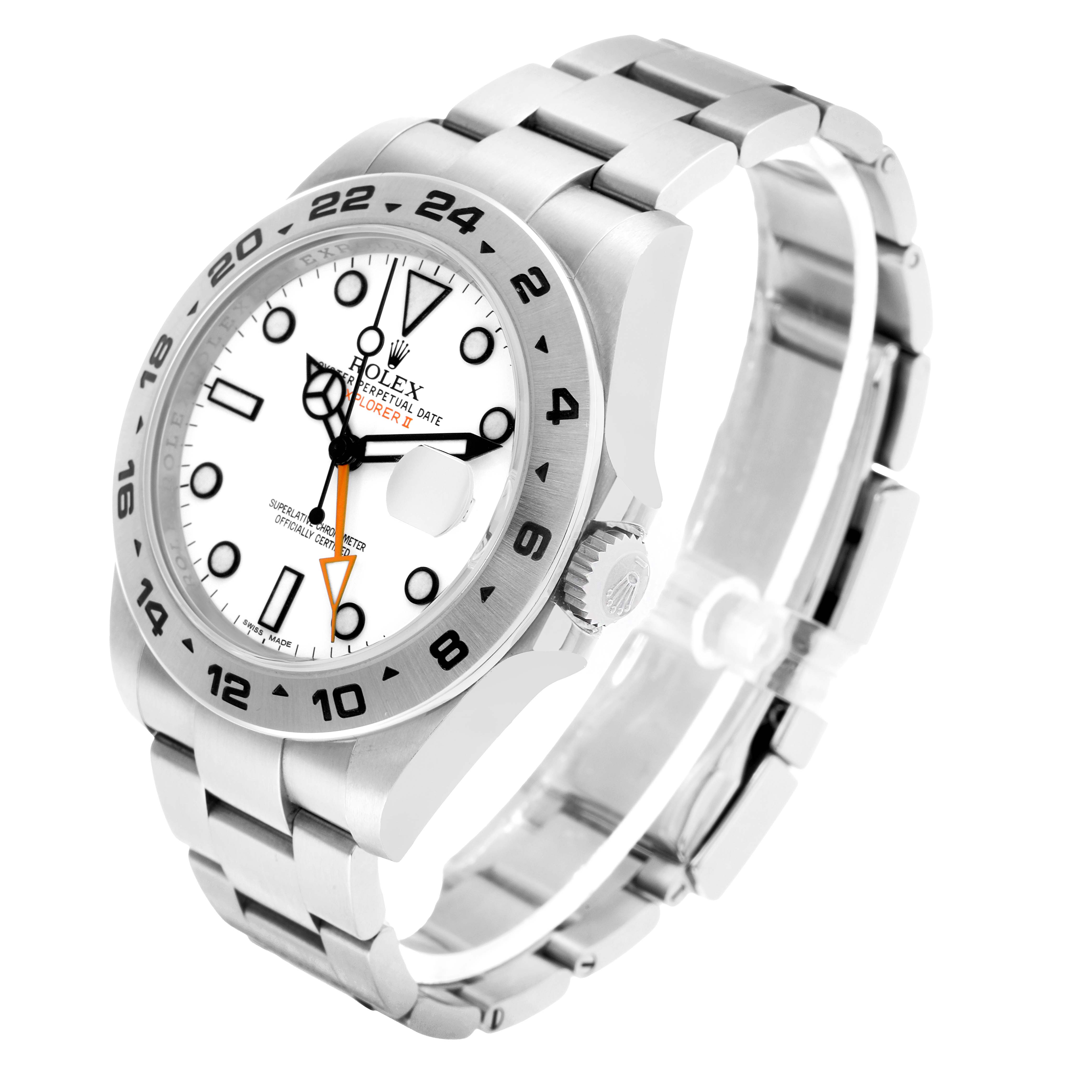 The Rolex Explorer 216570 Men's Stainless Steel White Dial model is shown at a three-quarter angle, highlighting the bezel, crown, bracelet, and dial with an orange arrow hand.