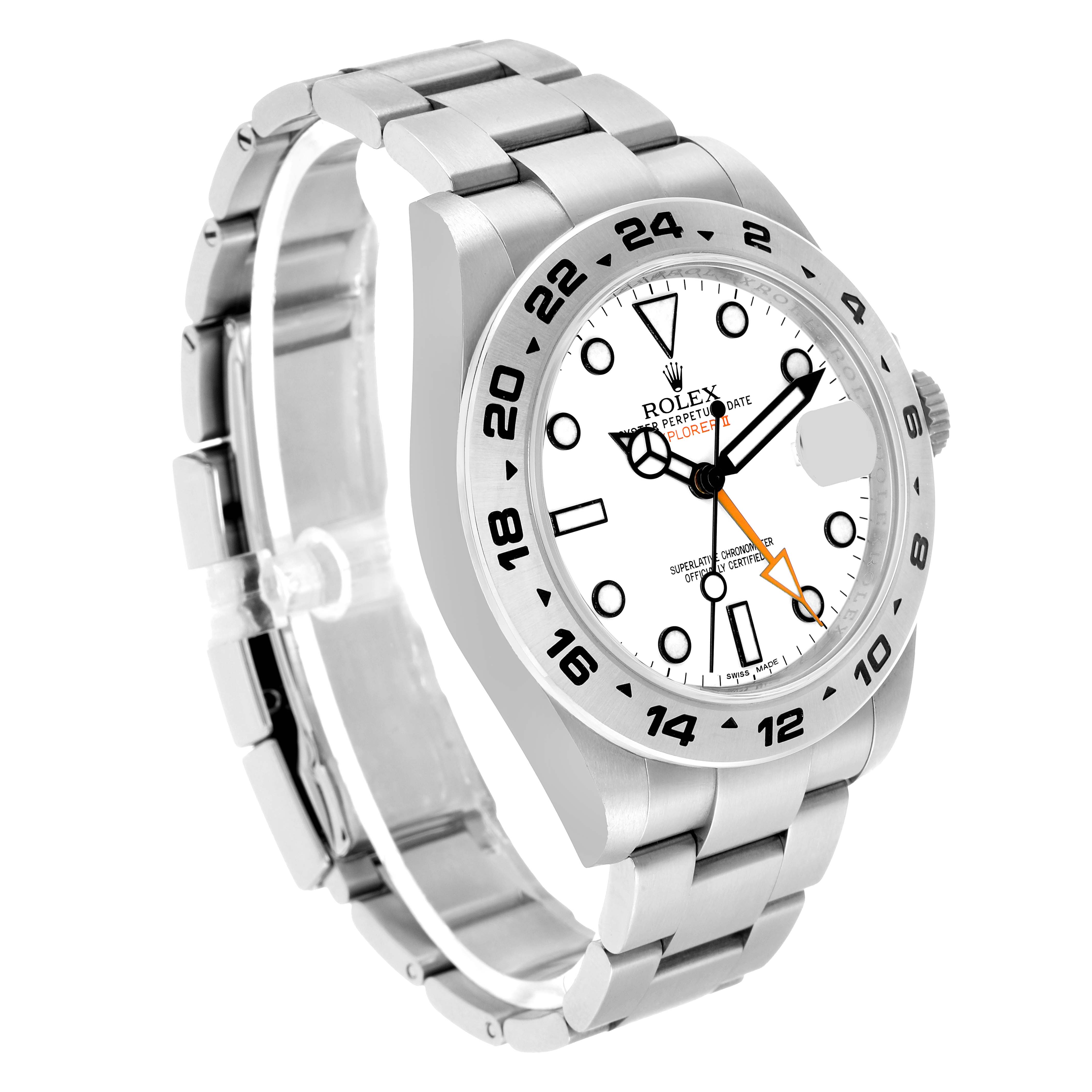 The image shows a Rolex Explorer 216570 Men's Stainless Steel White Dial watch at a three-quarter angle, highlighting the dial, bezel, and bracelet.