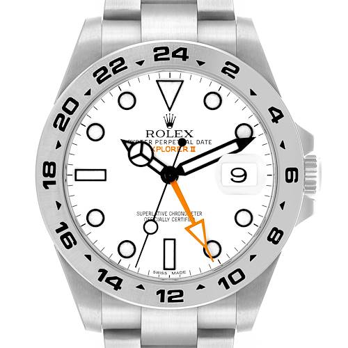 The Rolex Explorer 216570 Men's Stainless Steel White Dial II watch is shown from a front angle, highlighting the dial, bezel, and bracelet.