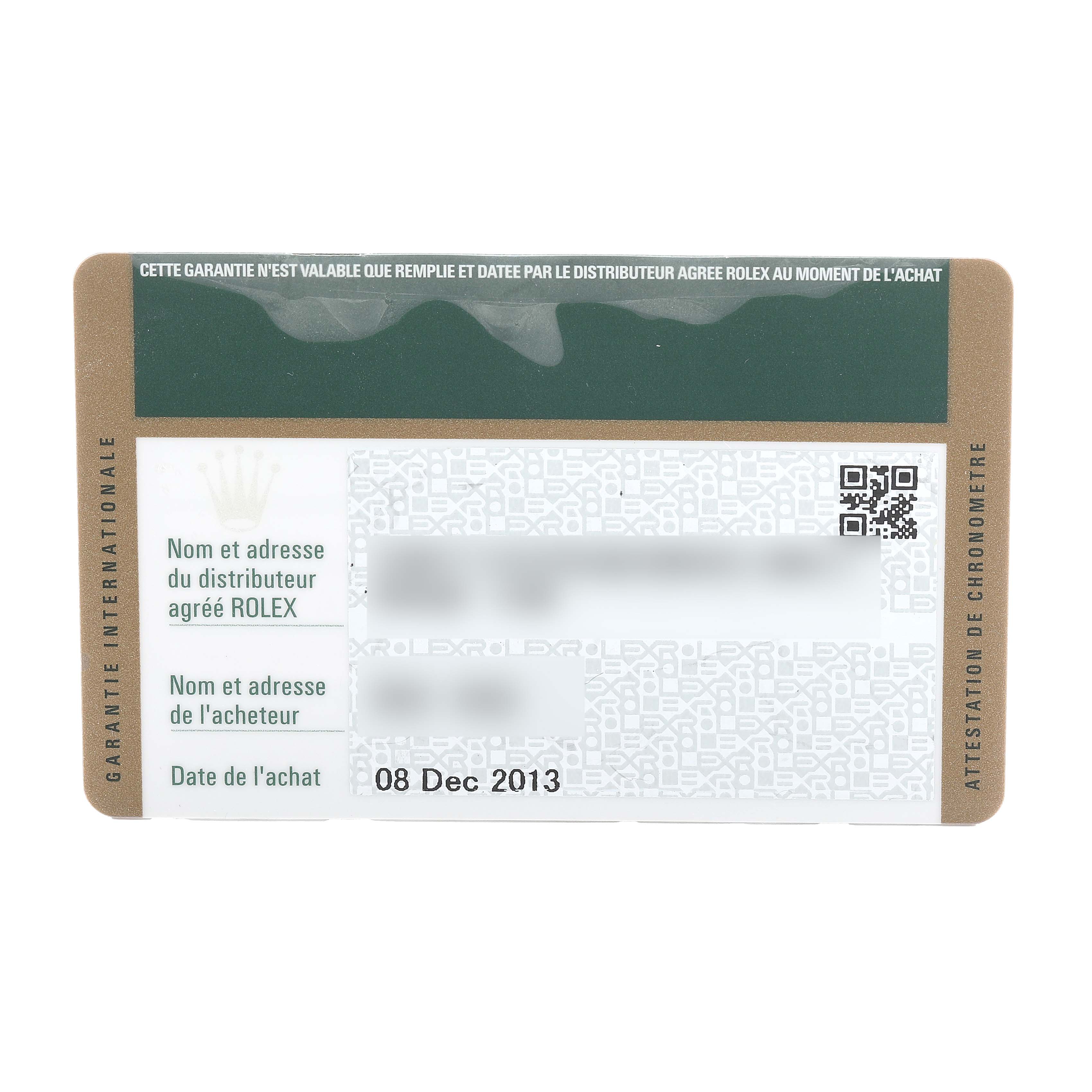 The image shows a Rolex Explorer 216570 Men's Stainless Steel White Dial guarantee card, displaying purchase date, distributor, and buyer info.