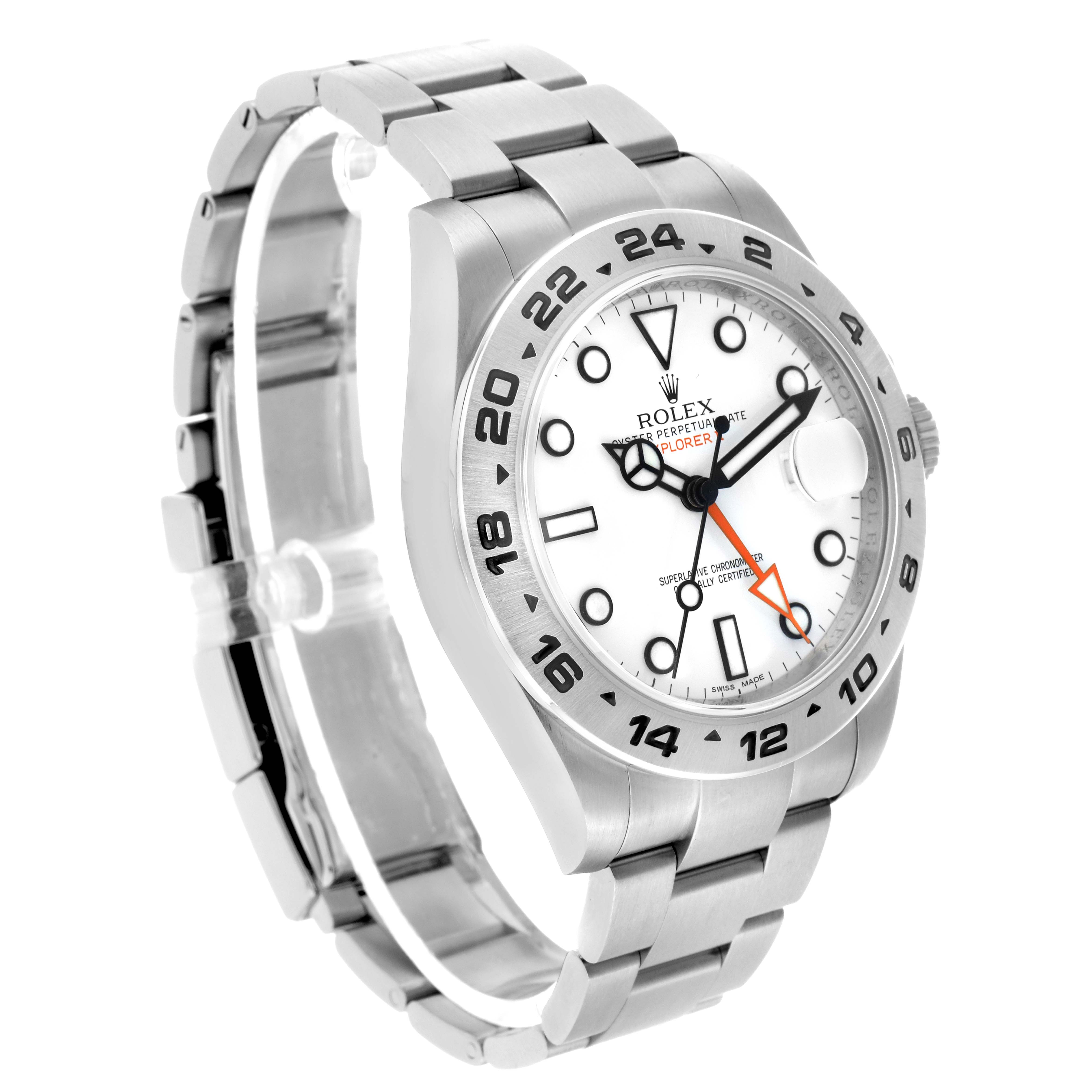 The Rolex Explorer 216570 Men's Stainless Steel White Dial watch is shown at a three-quarter angle, highlighting the bezel, dial, hands, and part of the bracelet.
