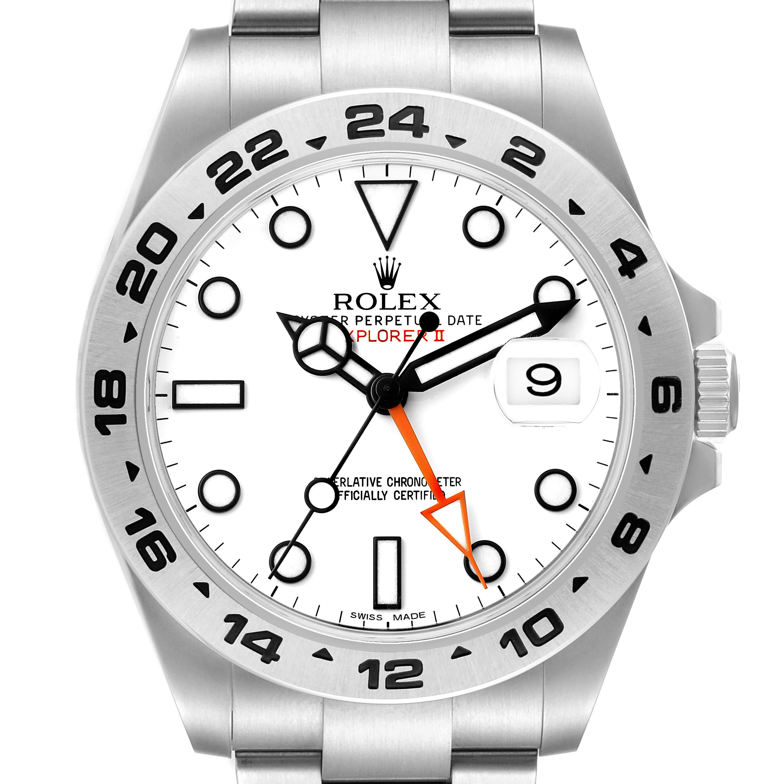 The Rolex Explorer 216570 Men's Stainless Steel White Dial model is shown from a front-angle view, highlighting the dial, bezel, hands, and part of the bracelet.