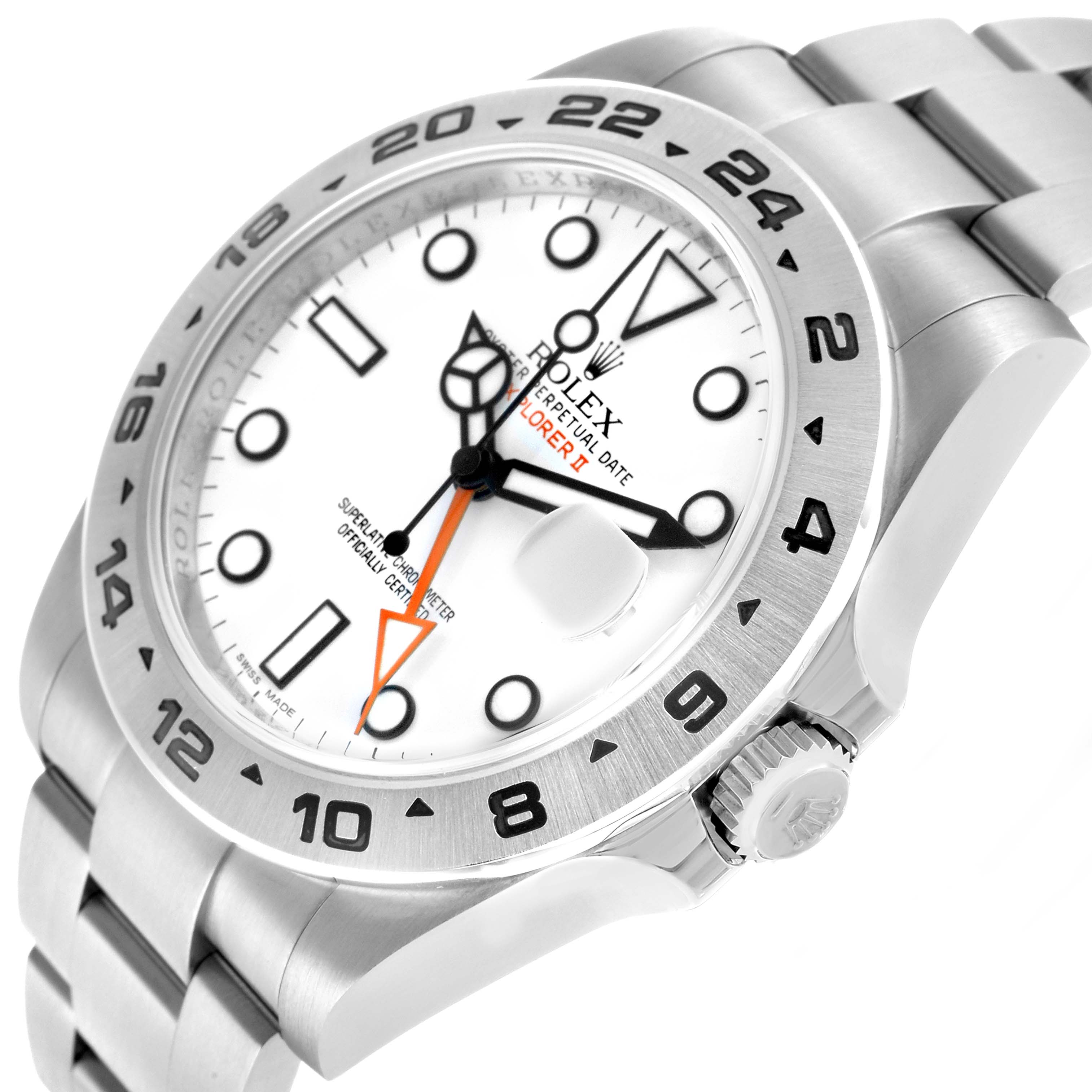 The Rolex Explorer 216570 Men's Stainless Steel White Dial watch is shown at a three-quarter angle highlighting its dial, bezel, crown, and part of the bracelet.