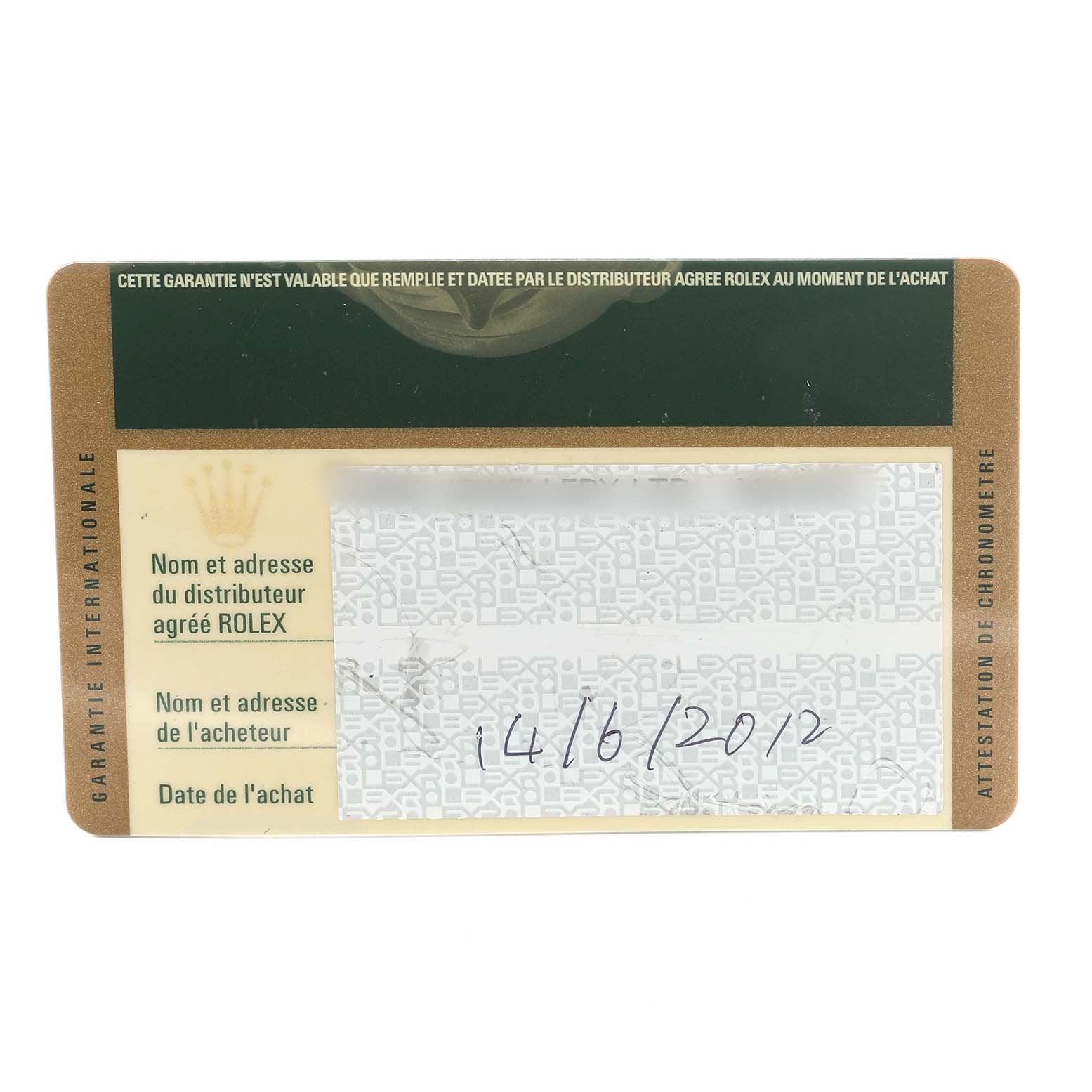 The image shows a warranty card for a Rolex Explorer 216570 Men's Stainless Steel White Dial watch.