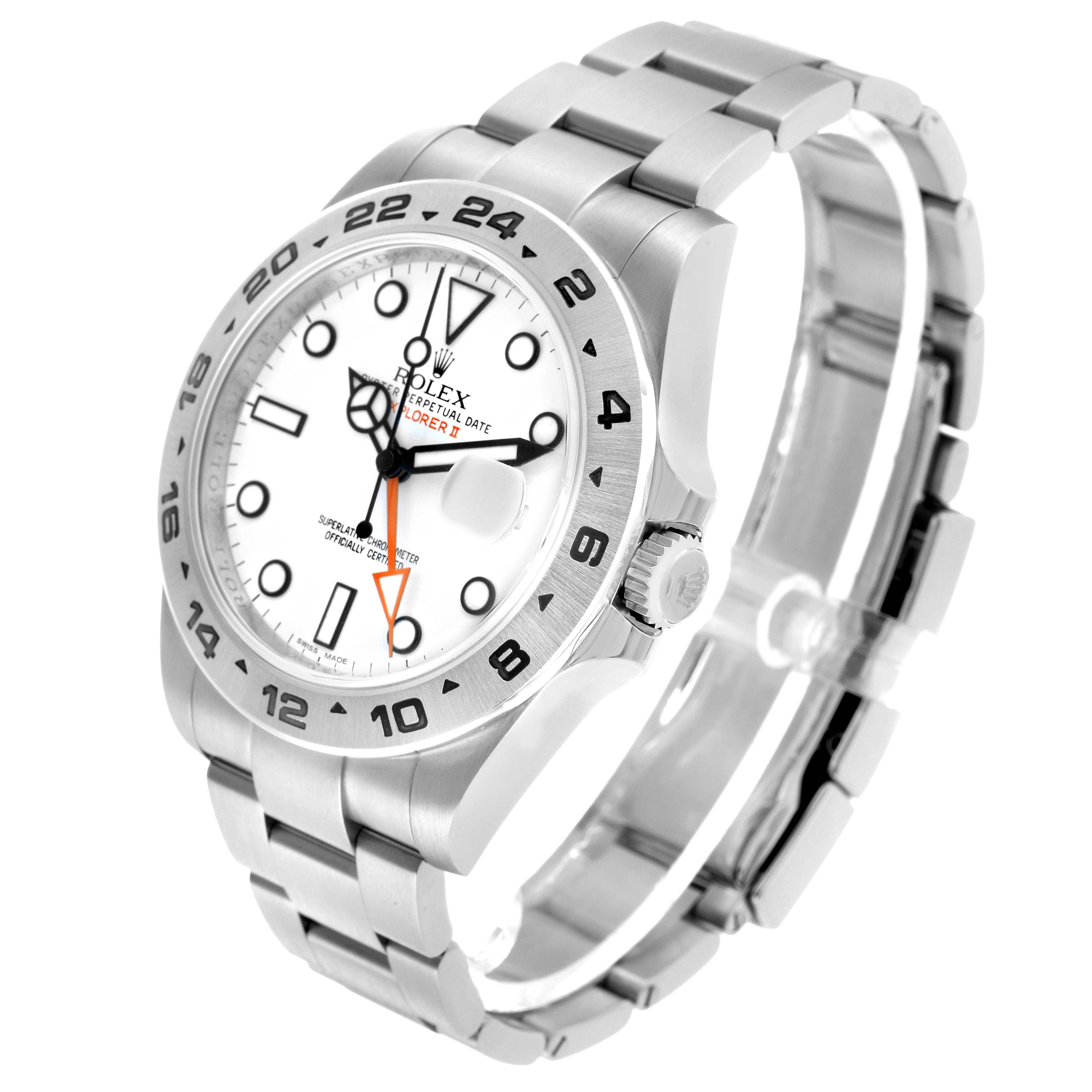 The Rolex Explorer 216570 Men's Stainless Steel White Dial model is shown from an angled side view, highlighting its bezel, face, and bracelet.