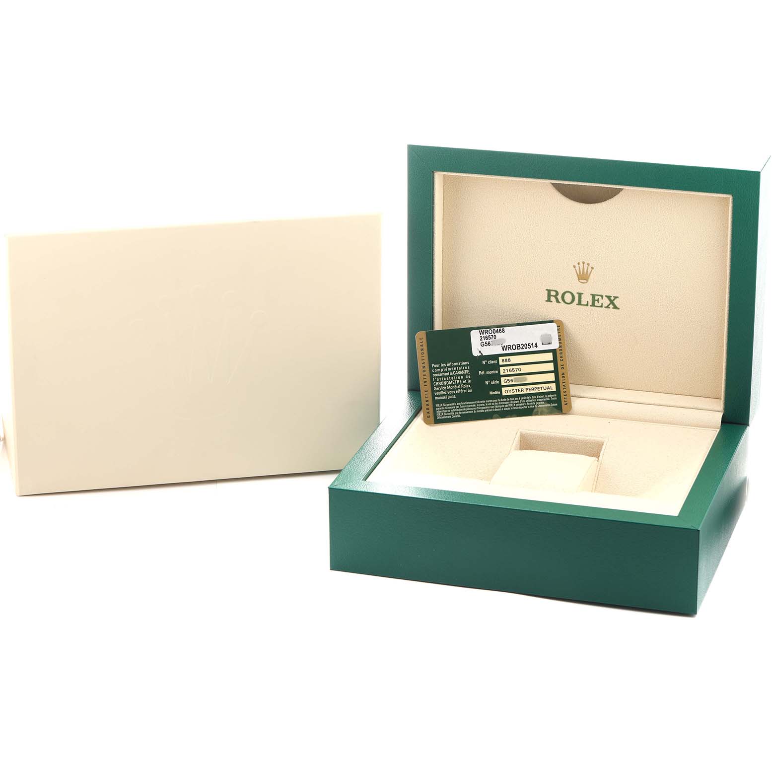 The image shows the open box and warranty card for a Rolex Explorer 216570 Men's Stainless Steel White Dial watch.