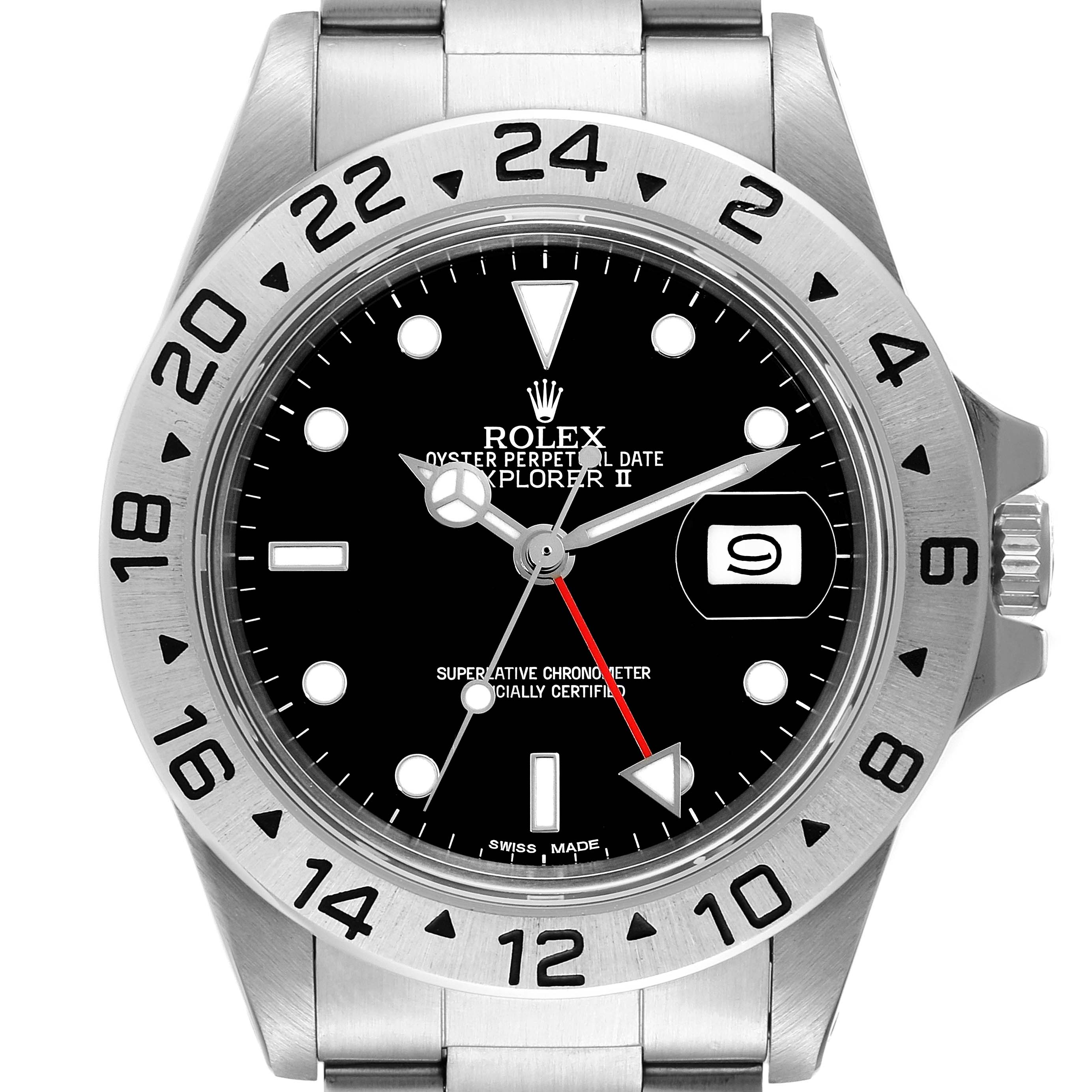 This image shows a front view of a Rolex Explorer 16550 Men's Stainless Steel Black Dial 16550 Men's Stainless Steel Black Dial watch, highlighting its dial, bezel, and part of the bracelet.