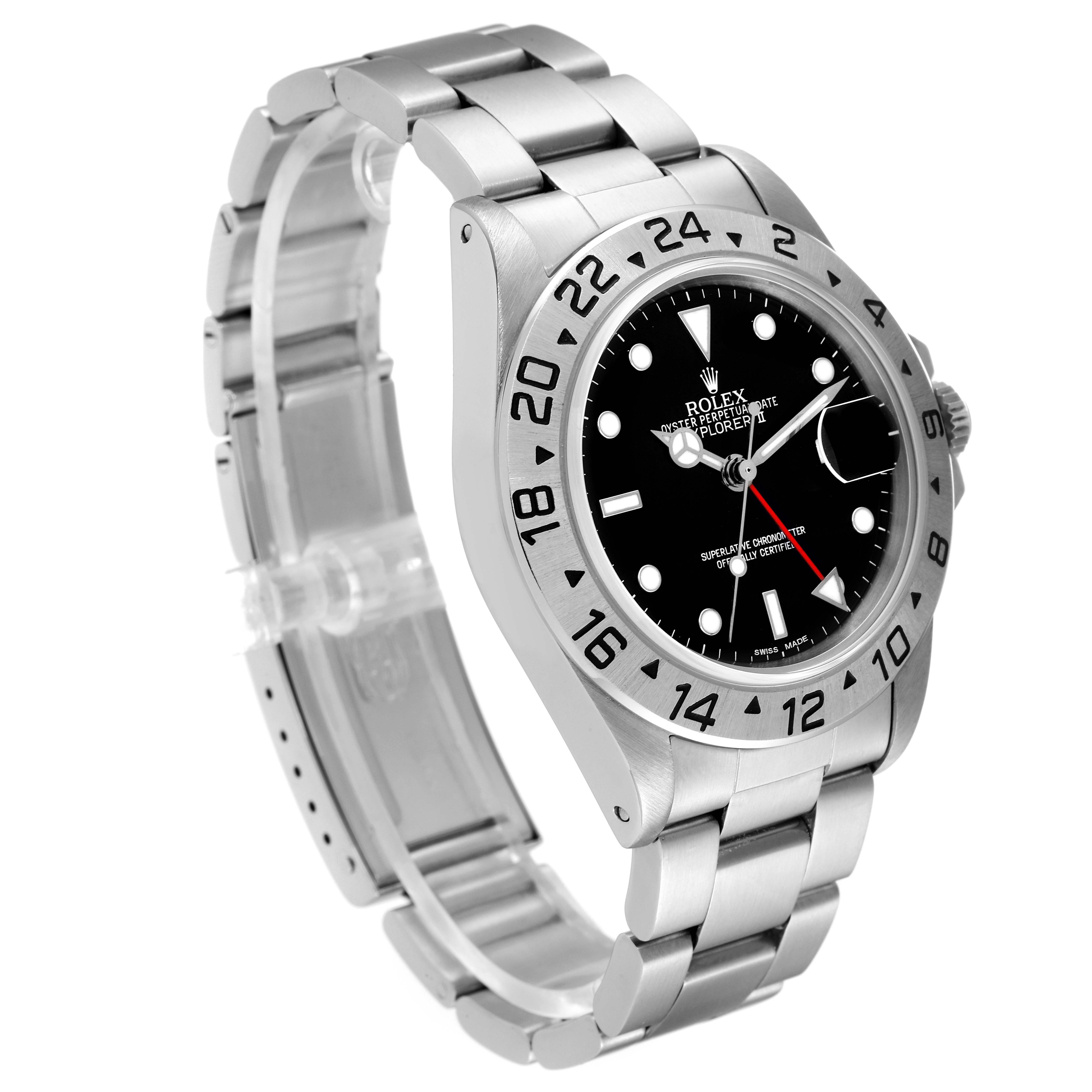 The image shows a Rolex Explorer 16550 Men's Stainless Steel Black Dial 16550 Men's Stainless Steel Black Dial model watch angled from the top-right, highlighting the bezel, dial, bracelet, and clasp.