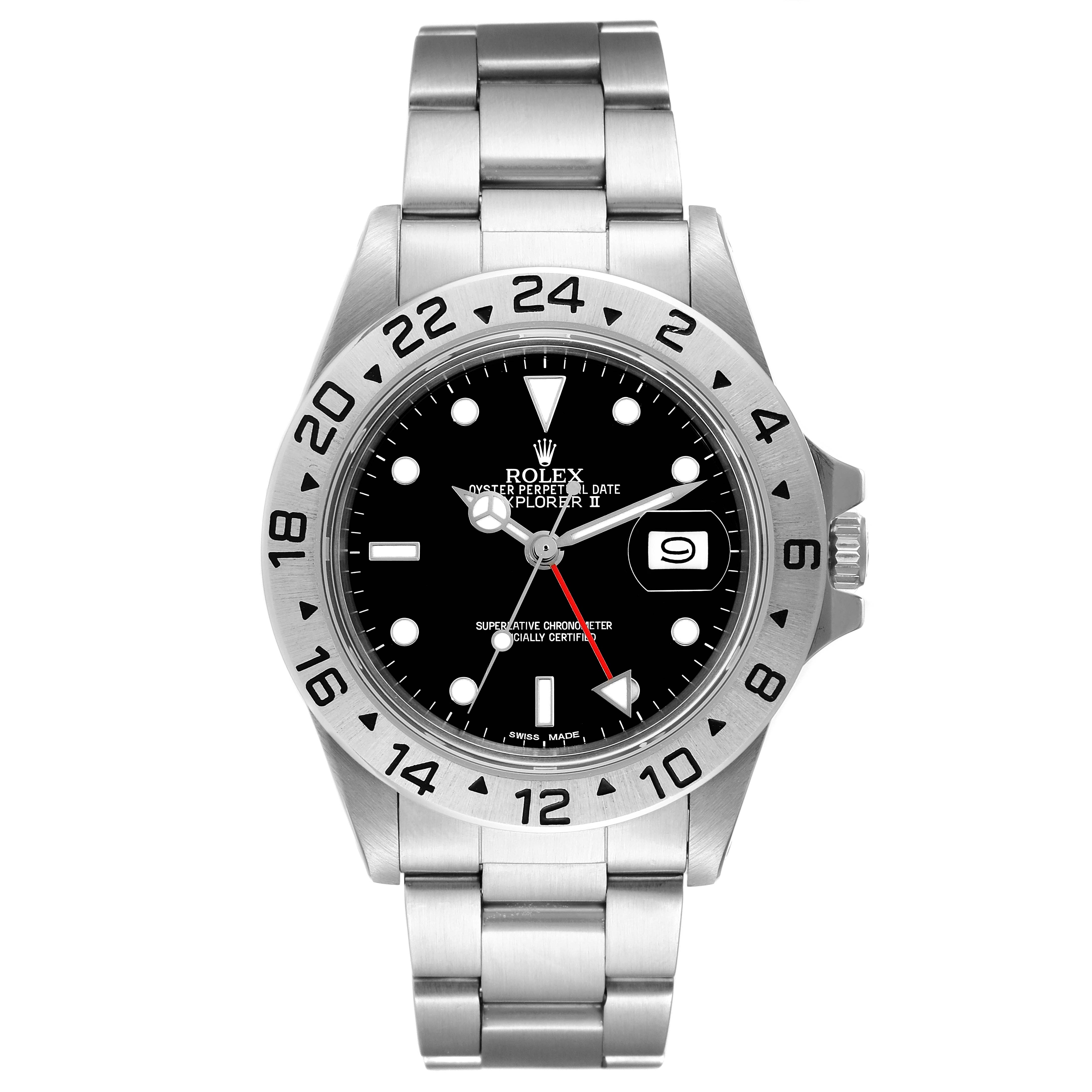 This image shows a front view of the Rolex Explorer 16550 Men's Stainless Steel Black Dial 16550 Men's Stainless Steel Black Dial watch, featuring its bezel, dial, bracelet, and date window.