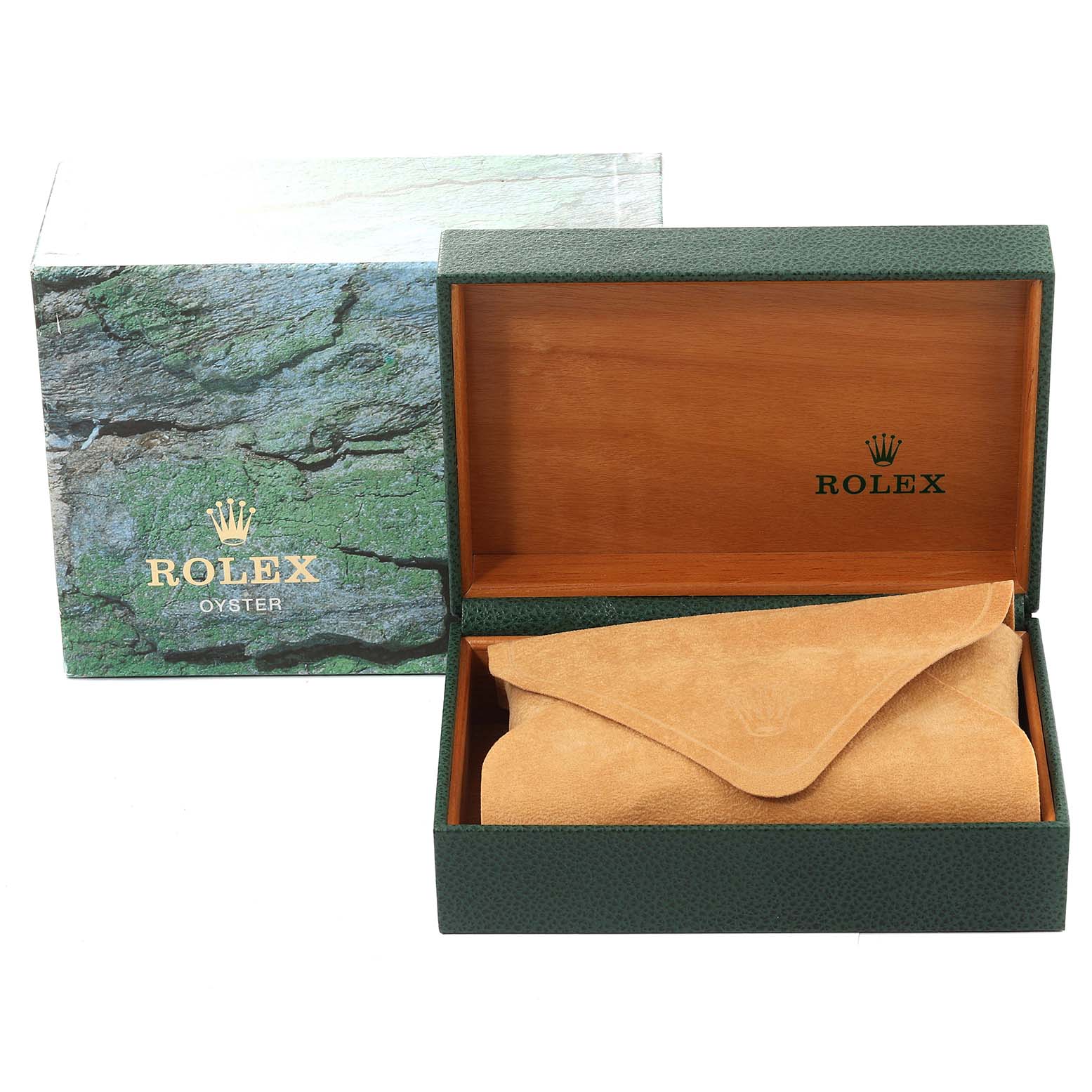 The image shows the packaging and presentation box for a Rolex Explorer 16550 Men's Stainless Steel Black Dial 16550 Men's Stainless Steel Black Dial watch, with an outer box, inner wooden box, and suede pouch.
