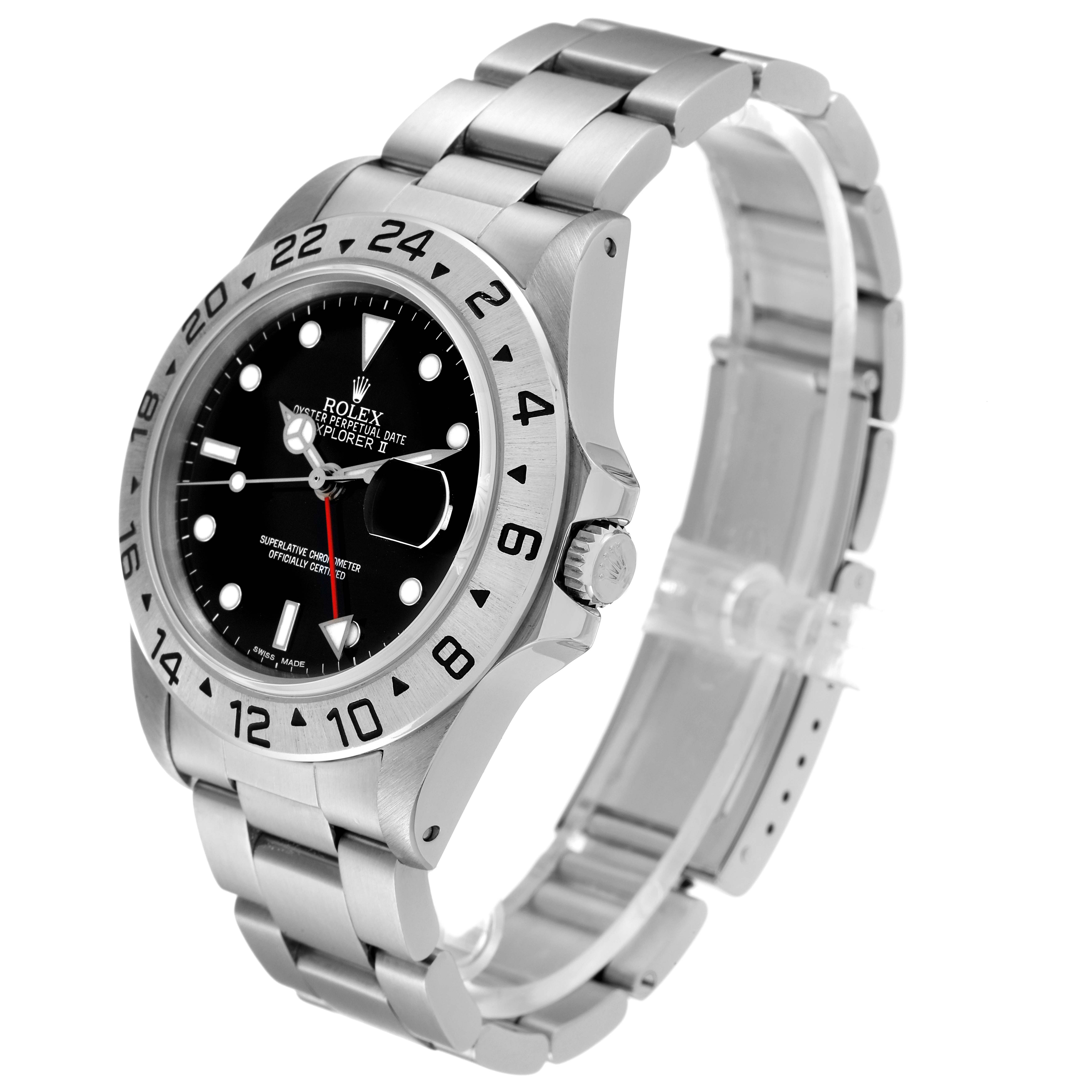 The image shows a side angle view of the Rolex Explorer 16550 Men's Stainless Steel Black Dial 16550 Men's Stainless Steel Black Dial model watch, highlighting its bezel, dial, crown, and bracelet.