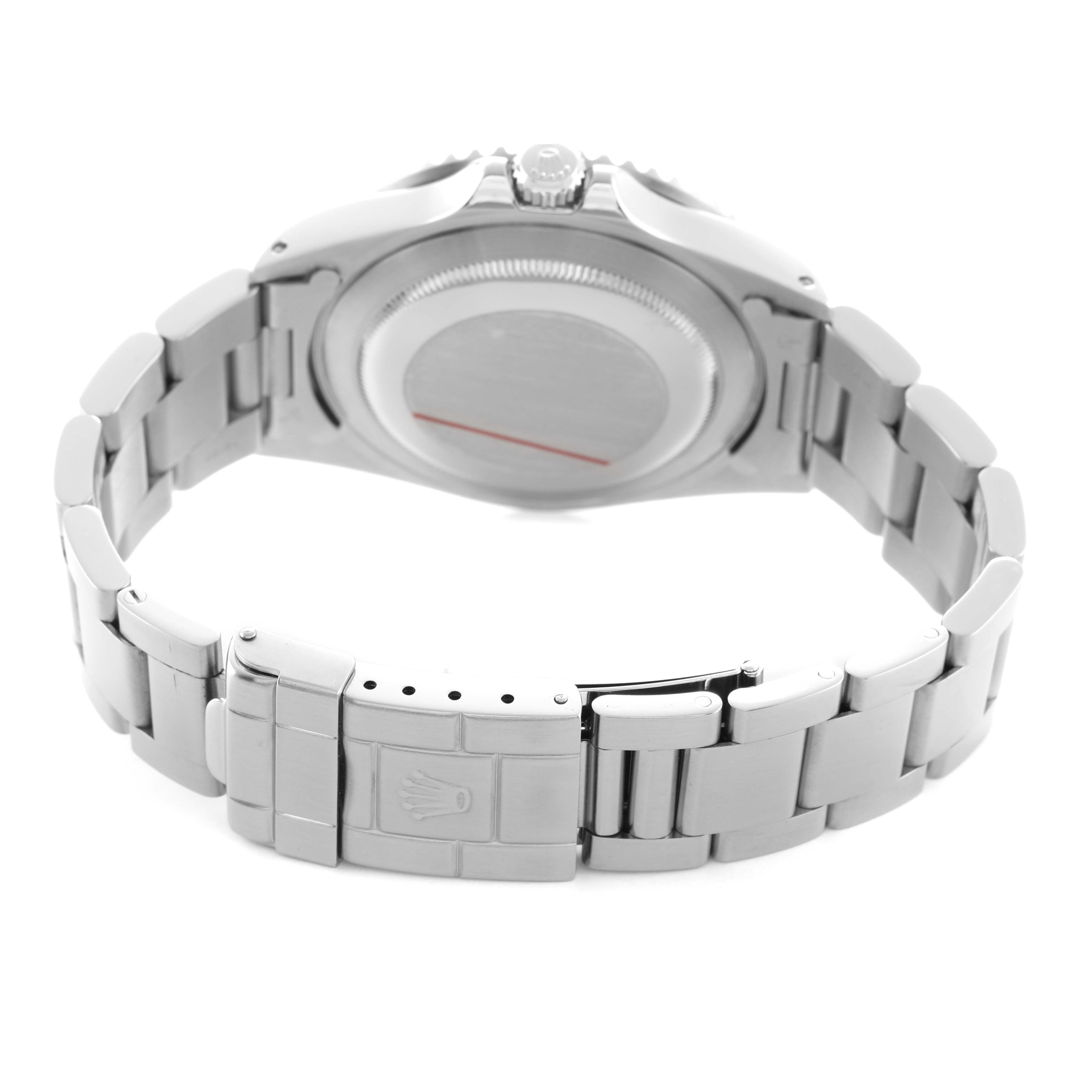 The image shows the back of a Rolex GMT-Master 16700 Men's Stainless Steel Black Dial watch, highlighting its bracelet, clasp, and case back.