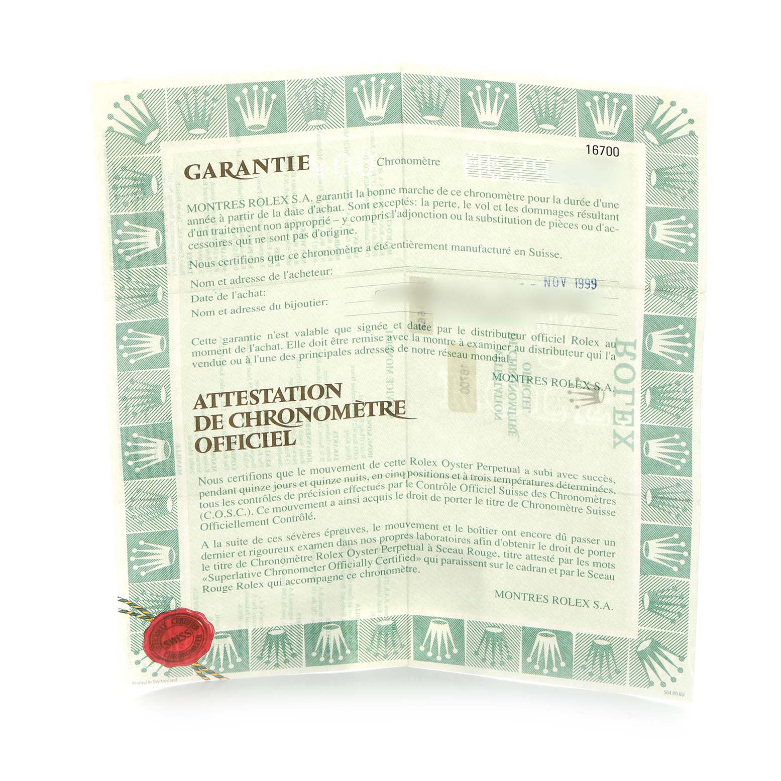 The image shows a Rolex GMT-Master 16700 Men's Stainless Steel Black Dial warranty certificate, viewed straight on, featuring the brand's logo and official text.