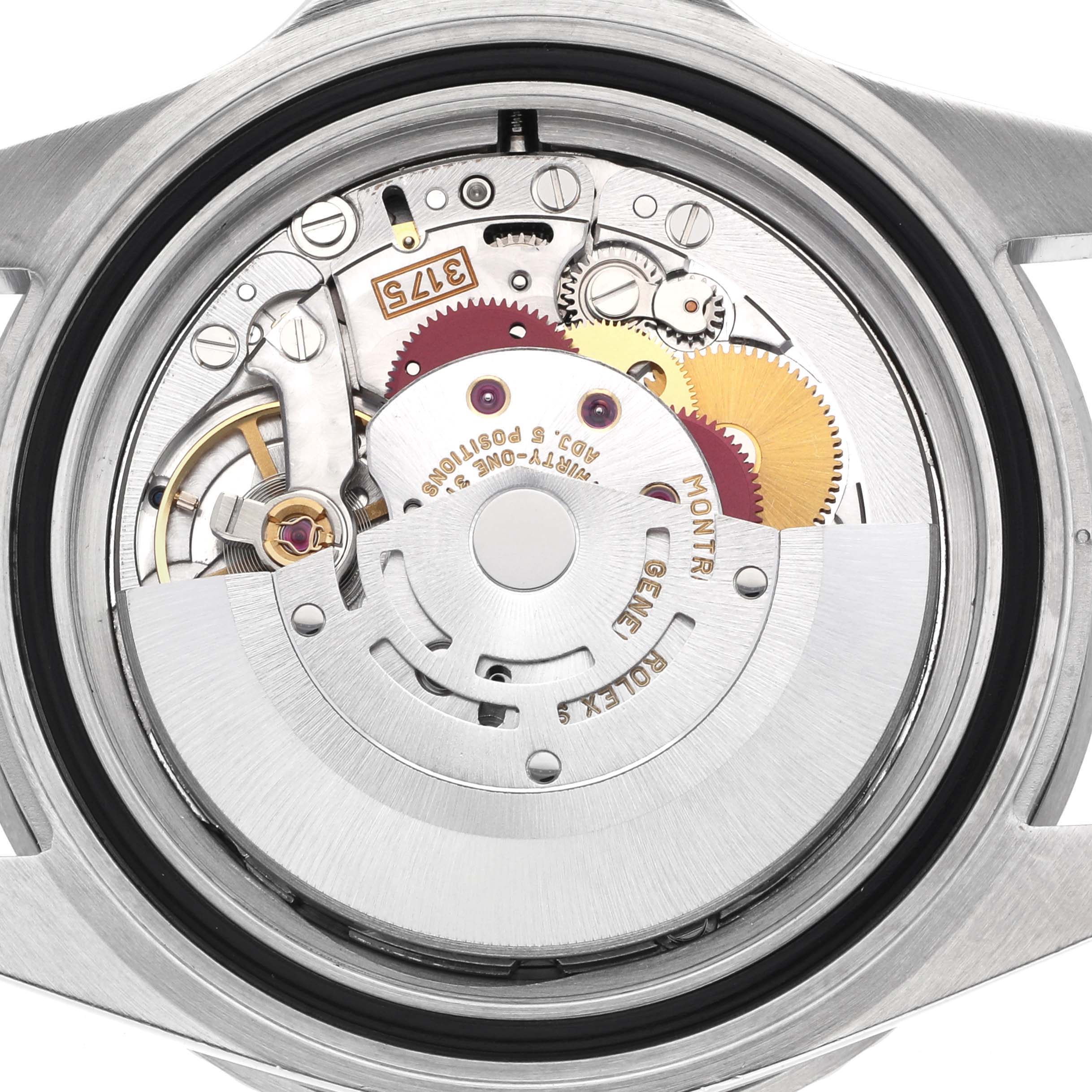 The image shows the rear view of the Rolex GMT-Master 16700 Men's Stainless Steel Black Dial watch, highlighting its internal mechanism and movement components.