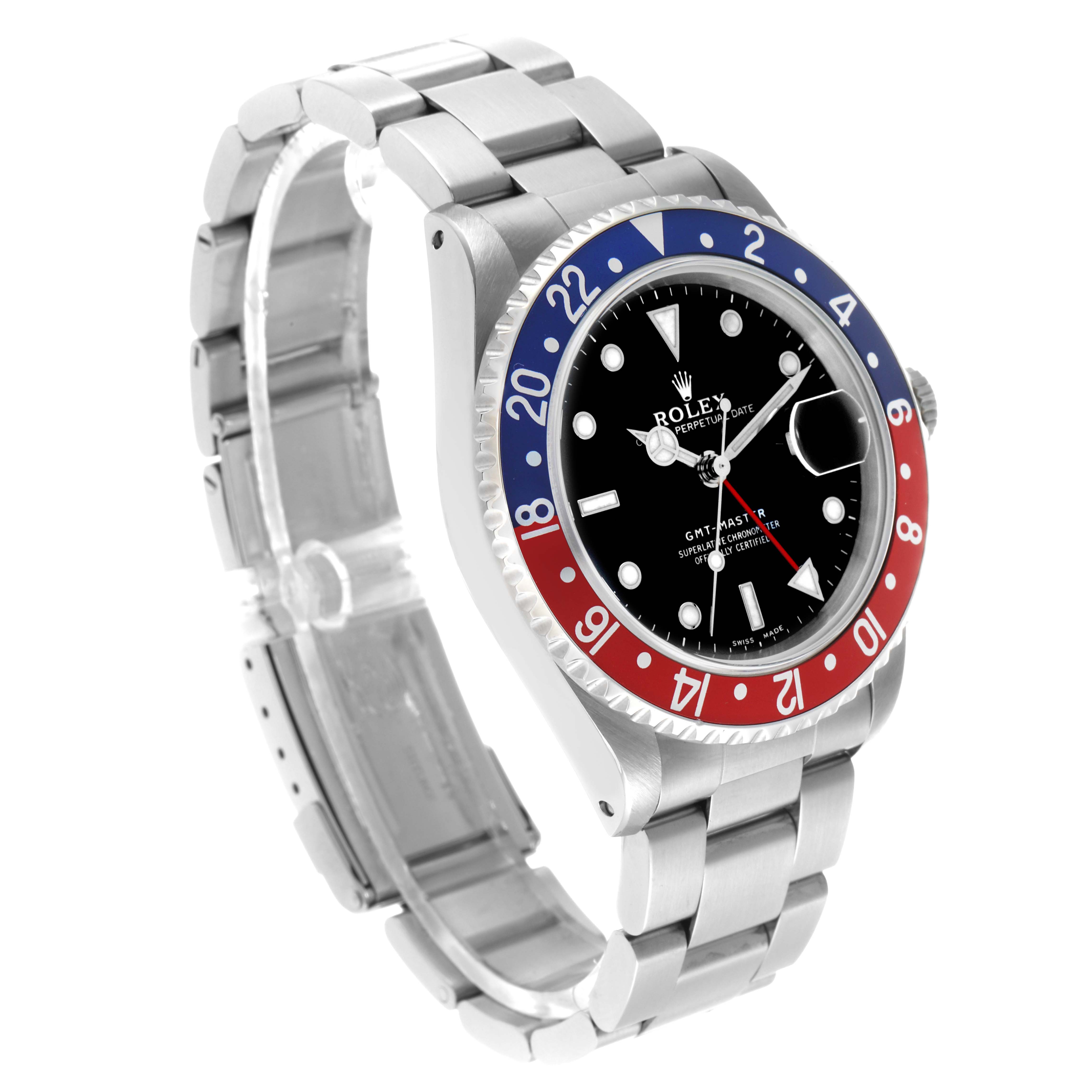 The Rolex GMT-Master 16700 Men's Stainless Steel Black Dial watch is shown at a three-quarter angle, displaying the face, bezel, bracelet, and crown.
