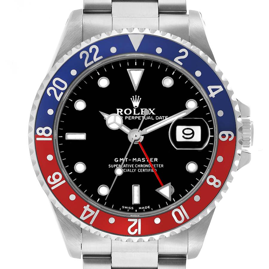 The Rolex GMT-Master 16700 Men's Stainless Steel Black Dial watch is shown from the front, highlighting the bezel, dial, and bracelet.