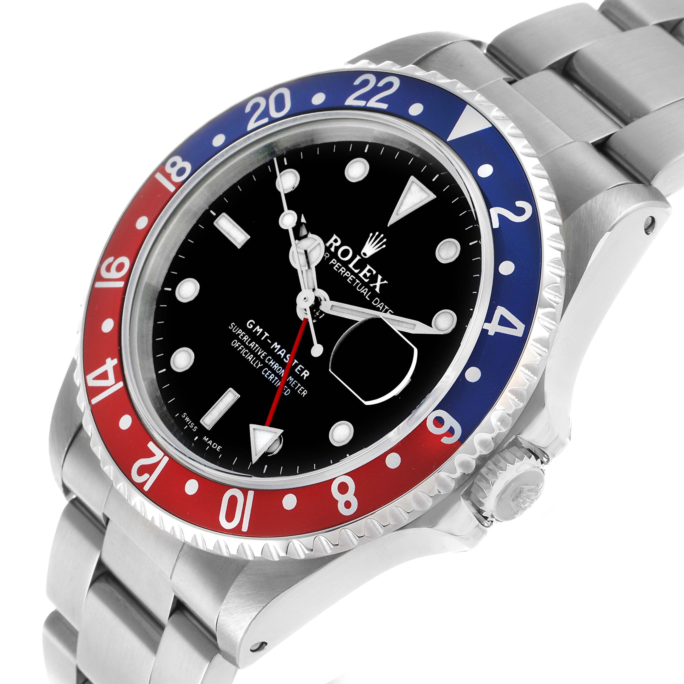 The Rolex GMT-Master 16700 Men's Stainless Steel Black Dial watch is shown from a three-quarter angle, displaying the bezel, dial, and bracelet.