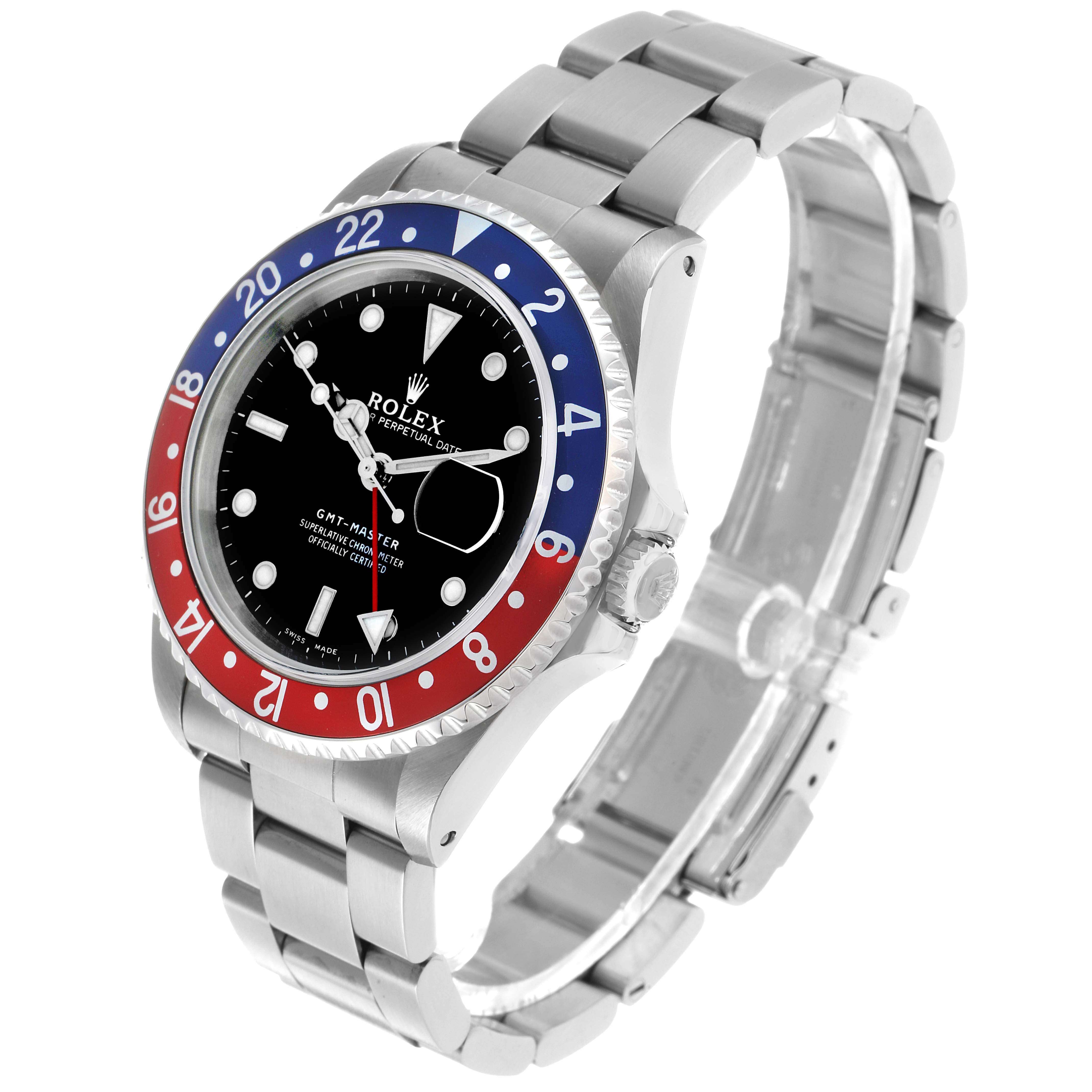 The Rolex GMT-Master 16700 Men's Stainless Steel Black Dial watch is shown at a three-quarter view, highlighting the bezel, dial, and bracelet.