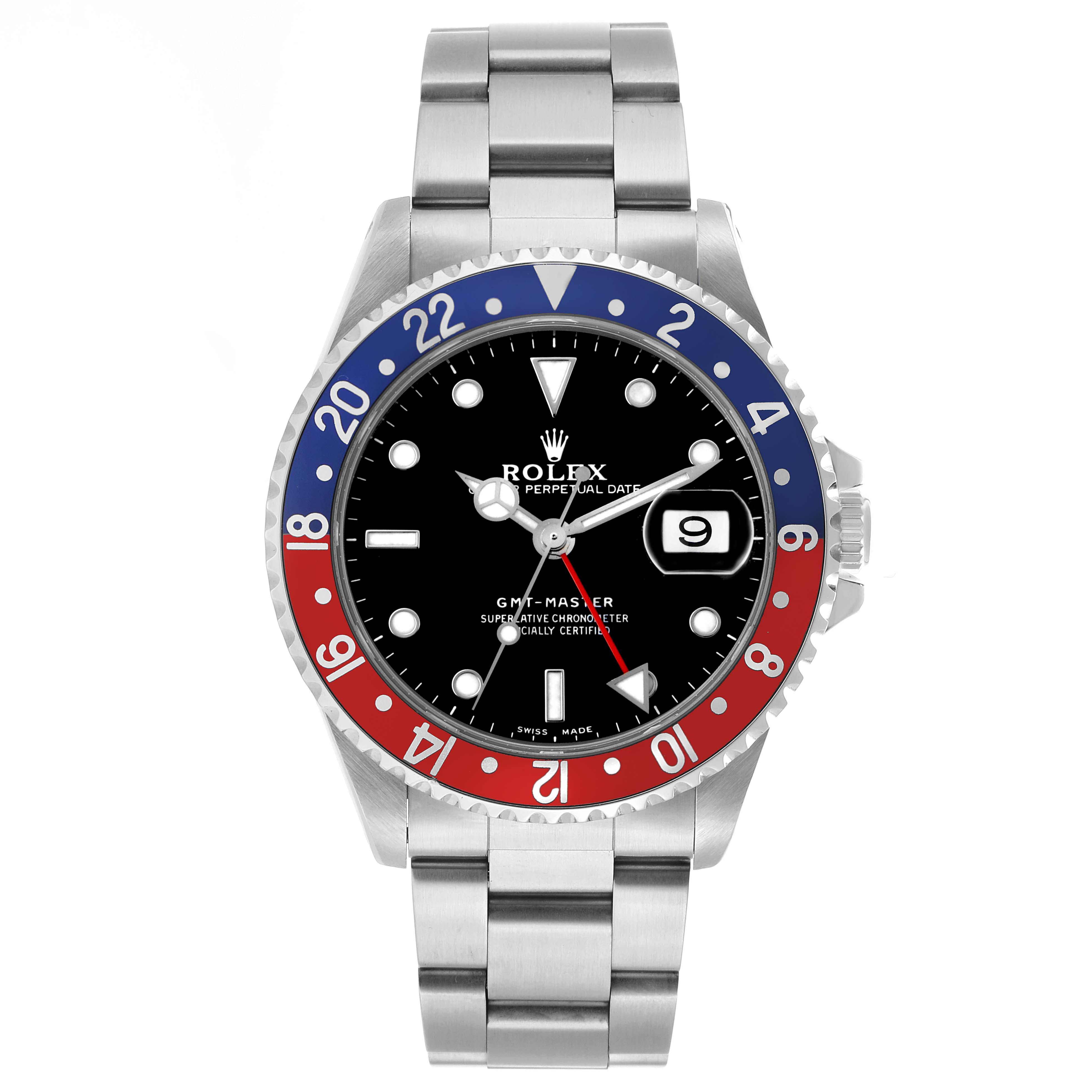 The Rolex GMT-Master 16700 Men's Stainless Steel Black Dial watch is shown from a front angle, displaying its bezel, dial, hands, and bracelet clearly.