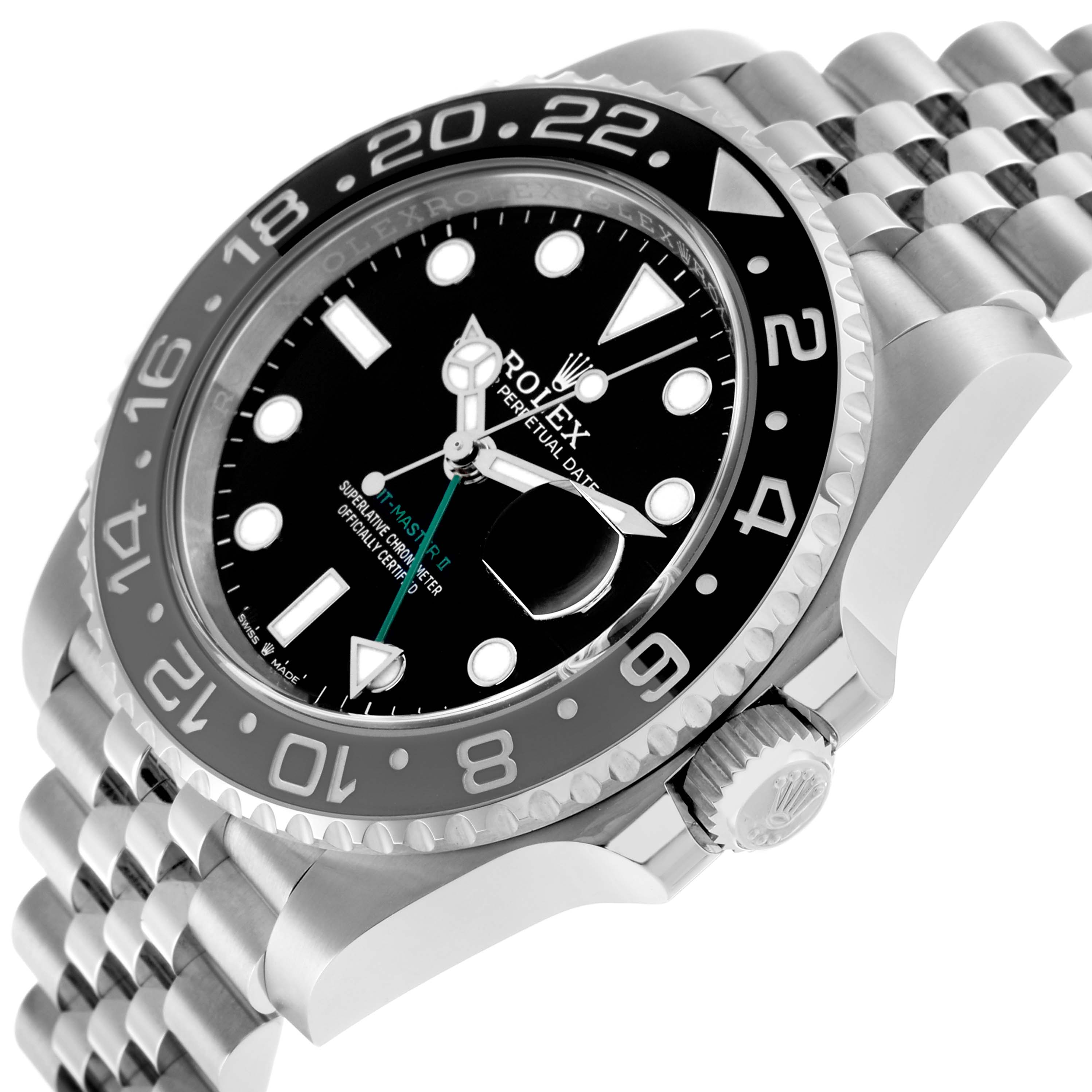The image shows a Rolex GMT-Master 126710 Men's Stainless Steel Black Dial watch at a slight angle, highlighting the bezel, dial, and part of the bracelet.