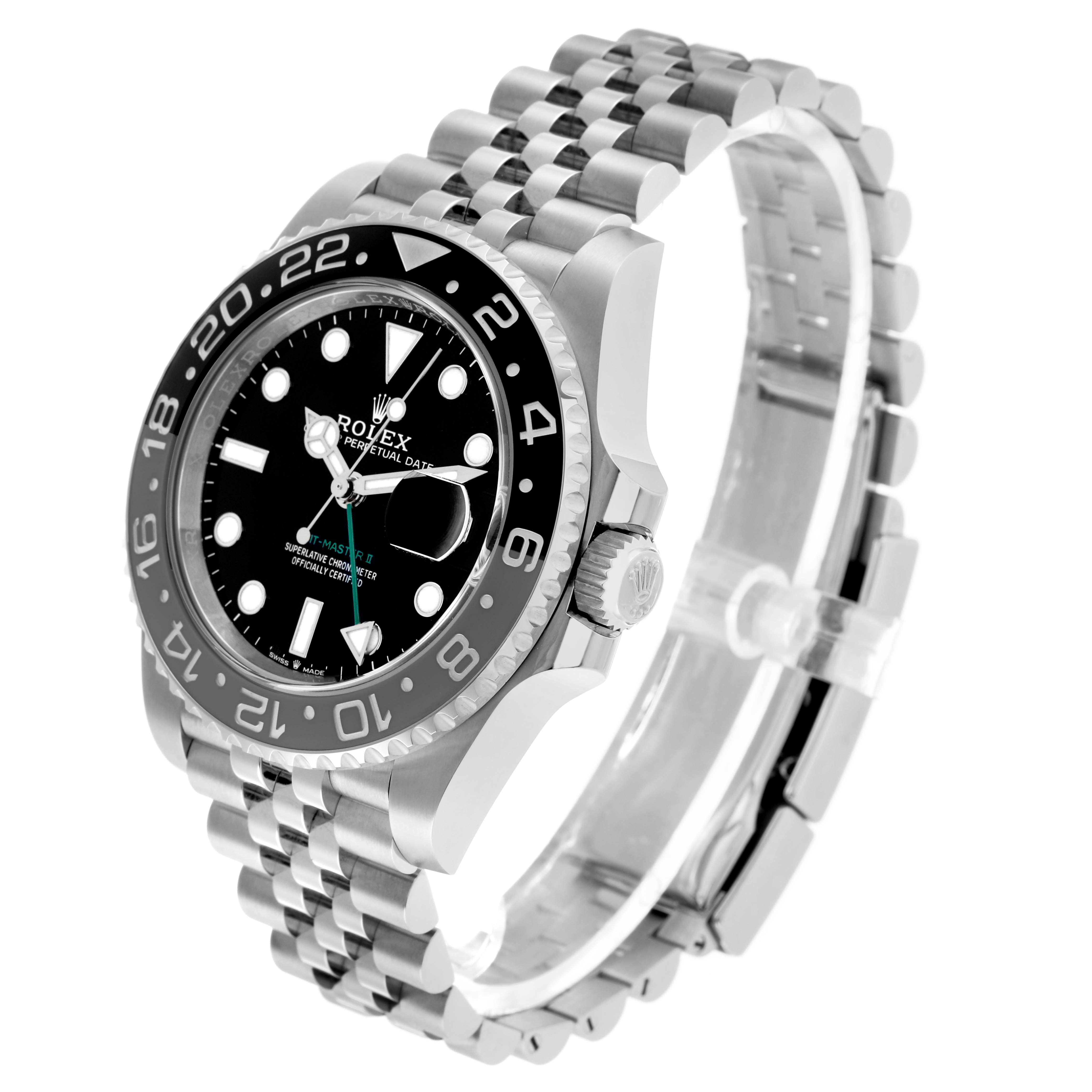 The Rolex GMT-Master 126710 Men's Stainless Steel Black Dial is shown at an angled view, highlighting the bezel, dial, case, and bracelet.