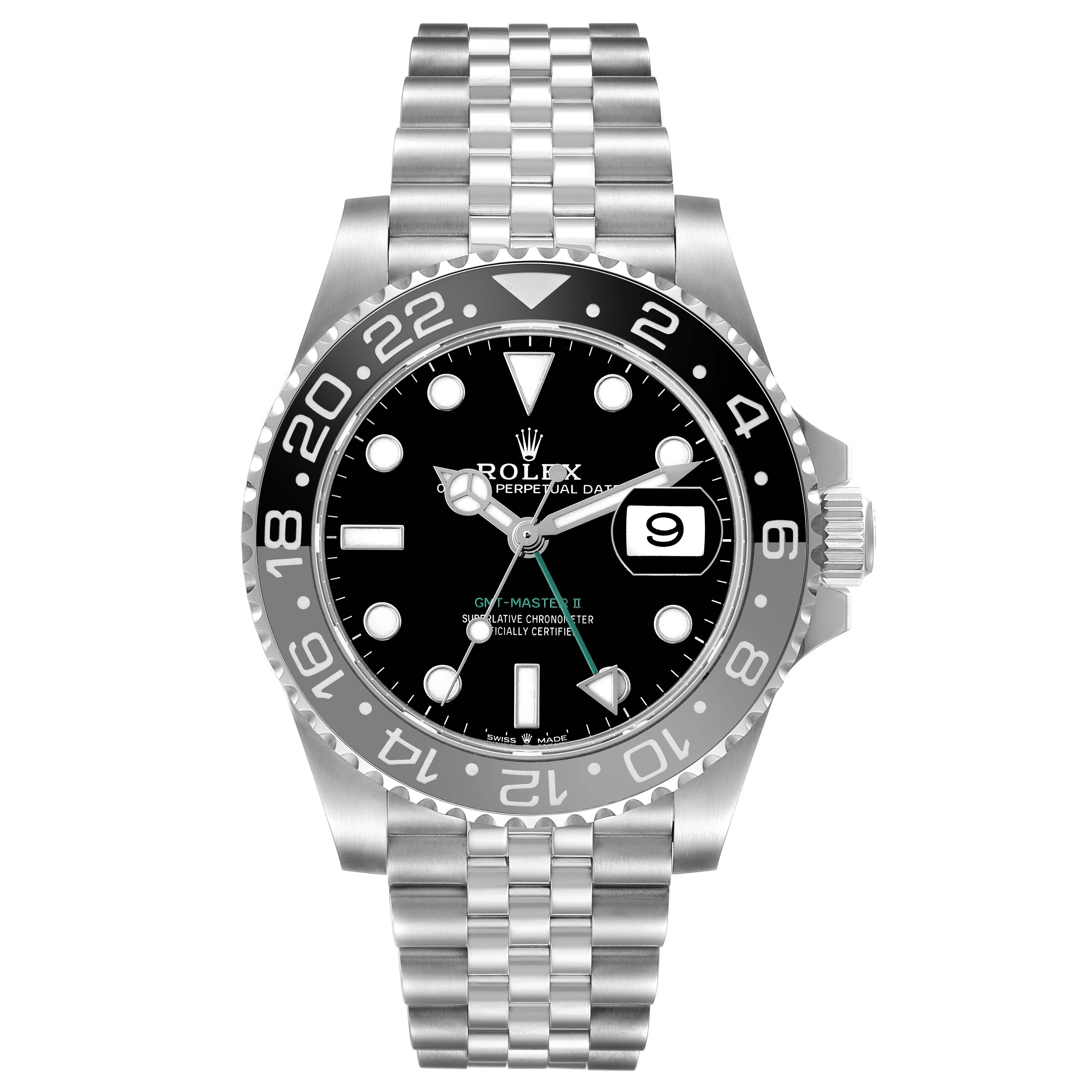 The Rolex GMT-Master 126710 Men's Stainless Steel Black Dial watch is shown from the front, displaying the face, bezel, and bracelet.