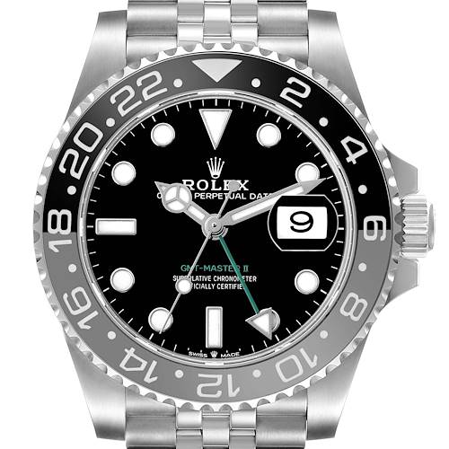 The image shows a Rolex GMT-Master 126710 Men's Stainless Steel Black Dial II watch face straight-on, highlighting the bezel, dial, and bracelet.