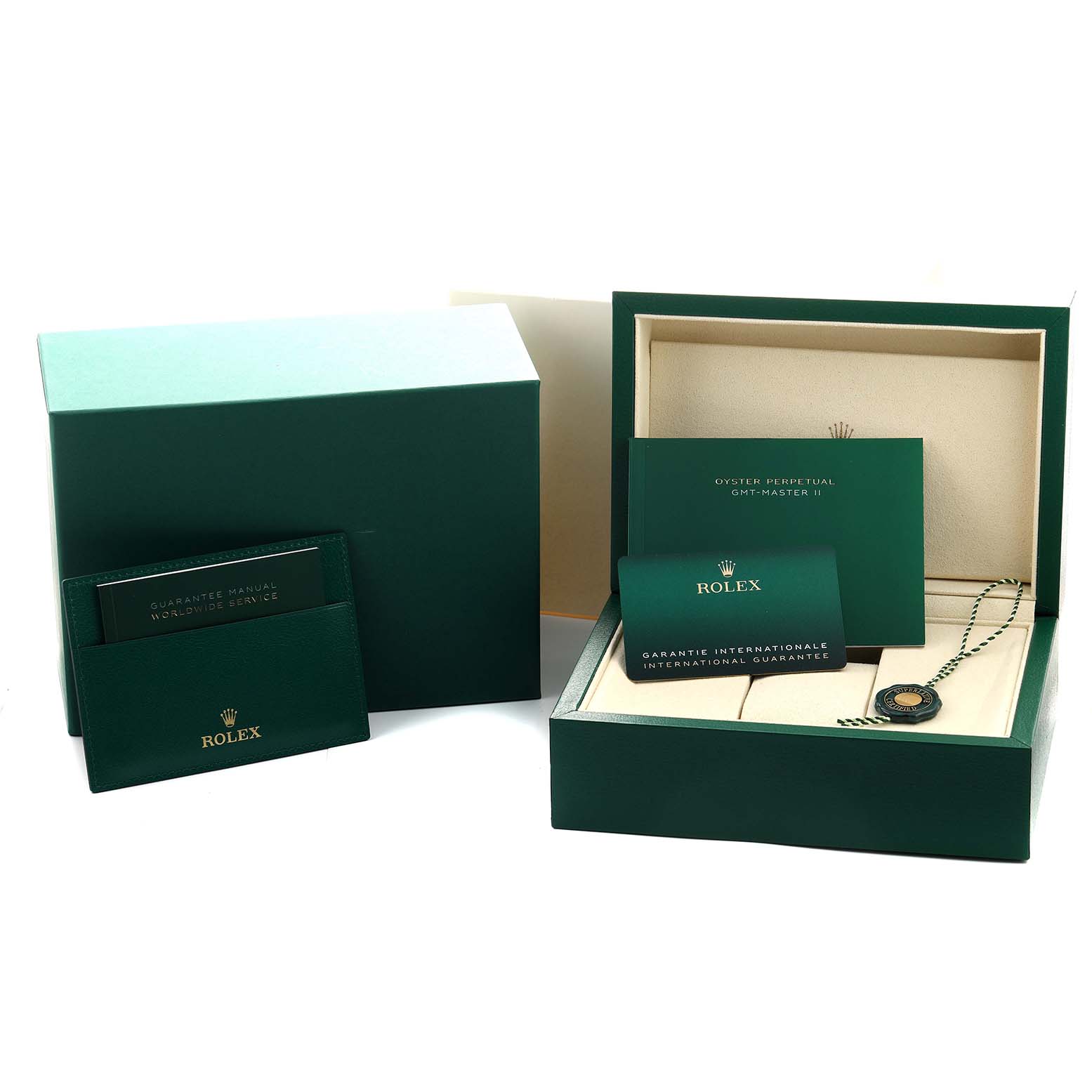 The image shows a Rolex GMT-Master 126710 Men's Stainless Steel Black Dial watch package, including a box, manual, and guarantee card.