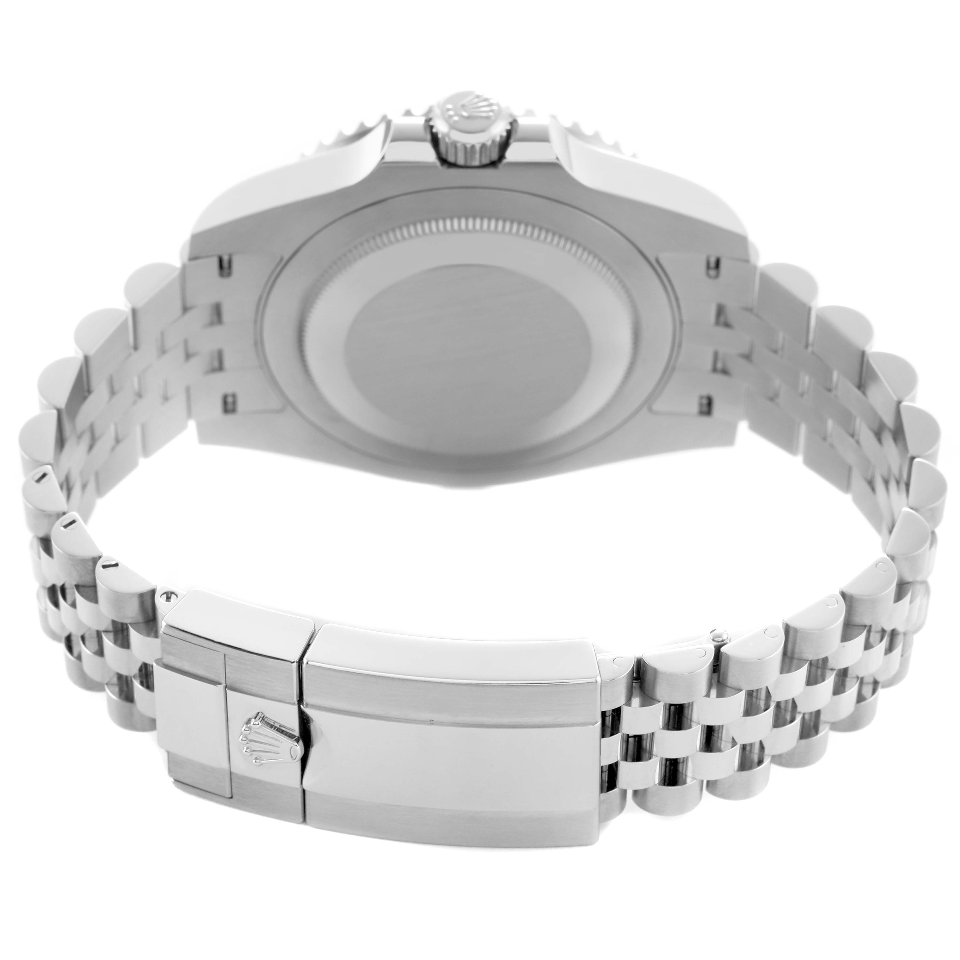 The Rolex GMT-Master 126710 Men's Stainless Steel Black Dial is shown from the back, displaying the case back, bracelet links, and clasp with the crown logo.