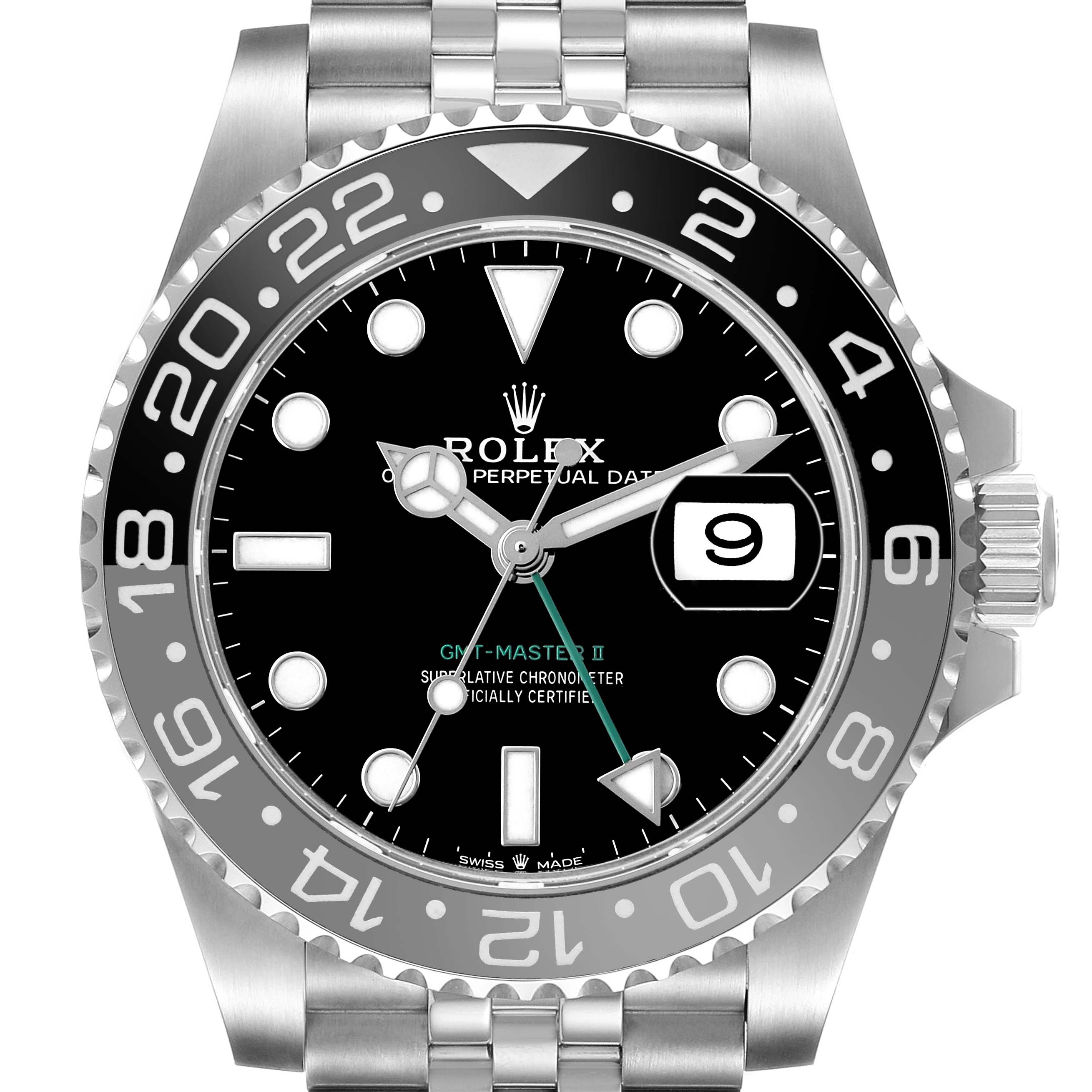 The Rolex GMT-Master 126710 Men's Stainless Steel Black Dial model is shown from the front, displaying its bezel, dial, hands, crown, and part of the bracelet.