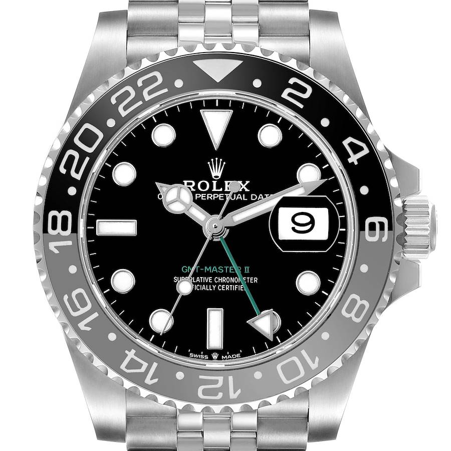 The Rolex GMT-Master 126710 Men's Stainless Steel Black Dial model is shown from the front, displaying its bezel, dial, hands, crown, and part of the bracelet.