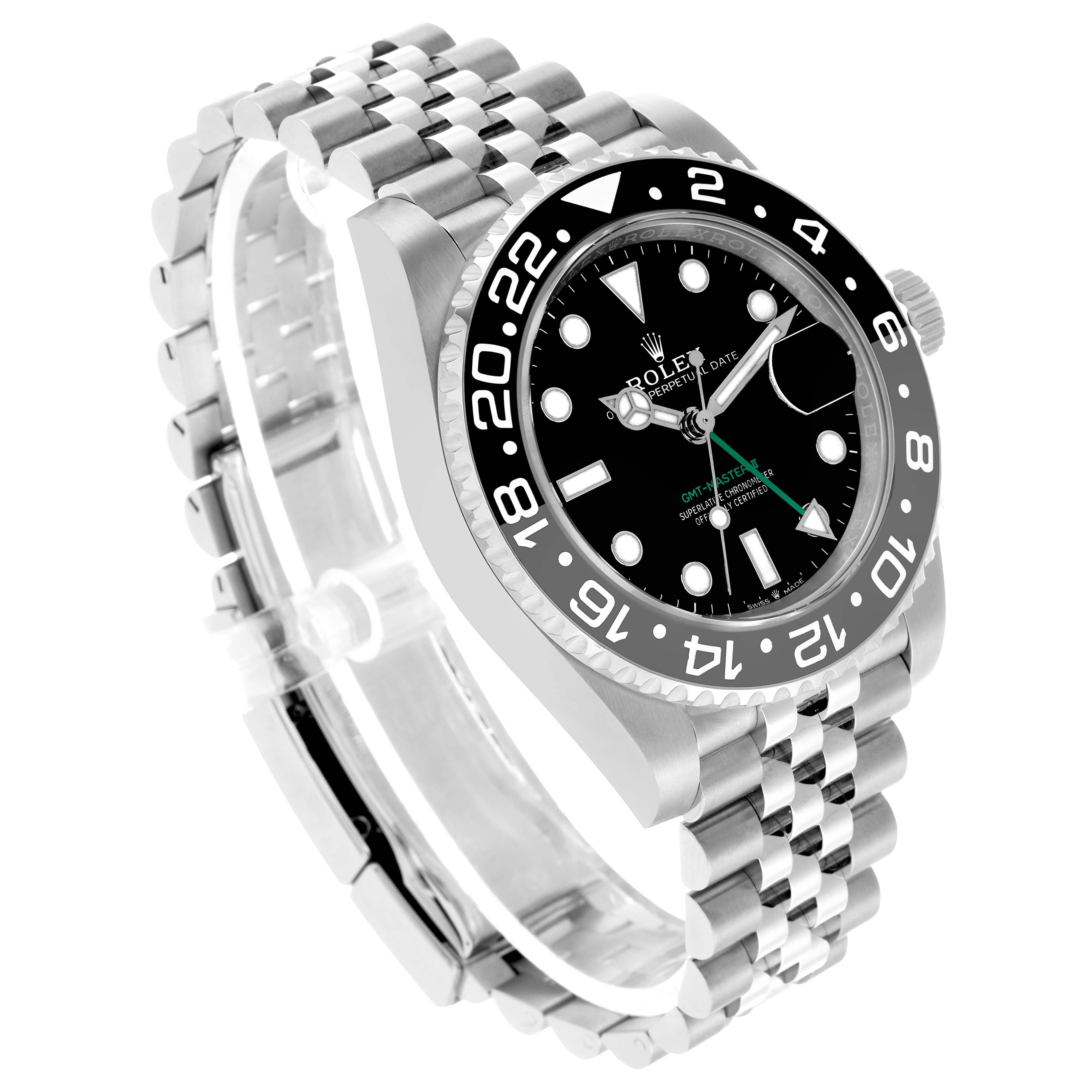 The image shows a Rolex GMT-Master 126710 Men's Stainless Steel Black Dial from a three-quarter angle, highlighting the bezel, dial, crown, and bracelet.