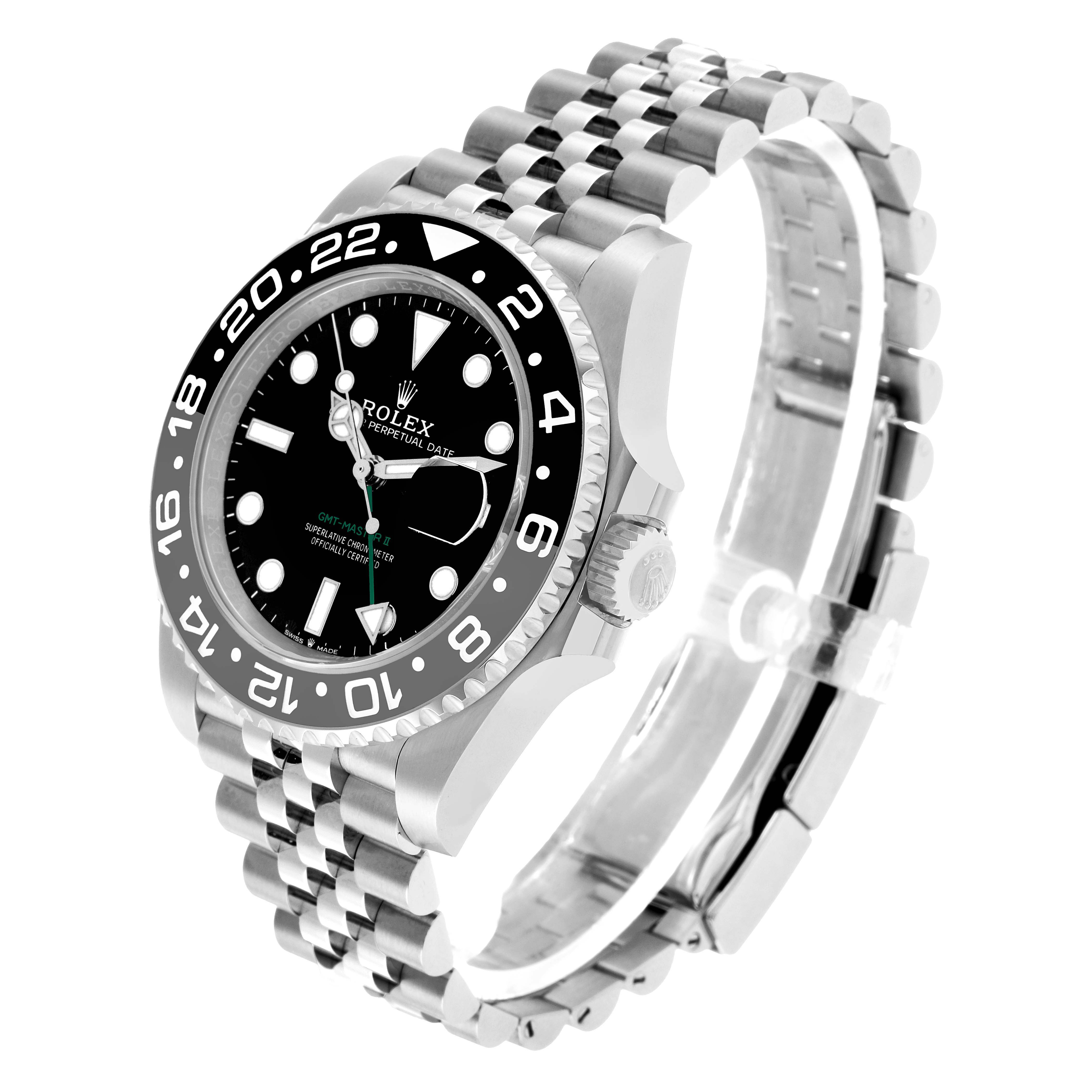 The Rolex GMT-Master 126710 Men's Stainless Steel Black Dial watch is shown at a slight angle, displaying the bezel, dial, crown, and Jubilee bracelet.