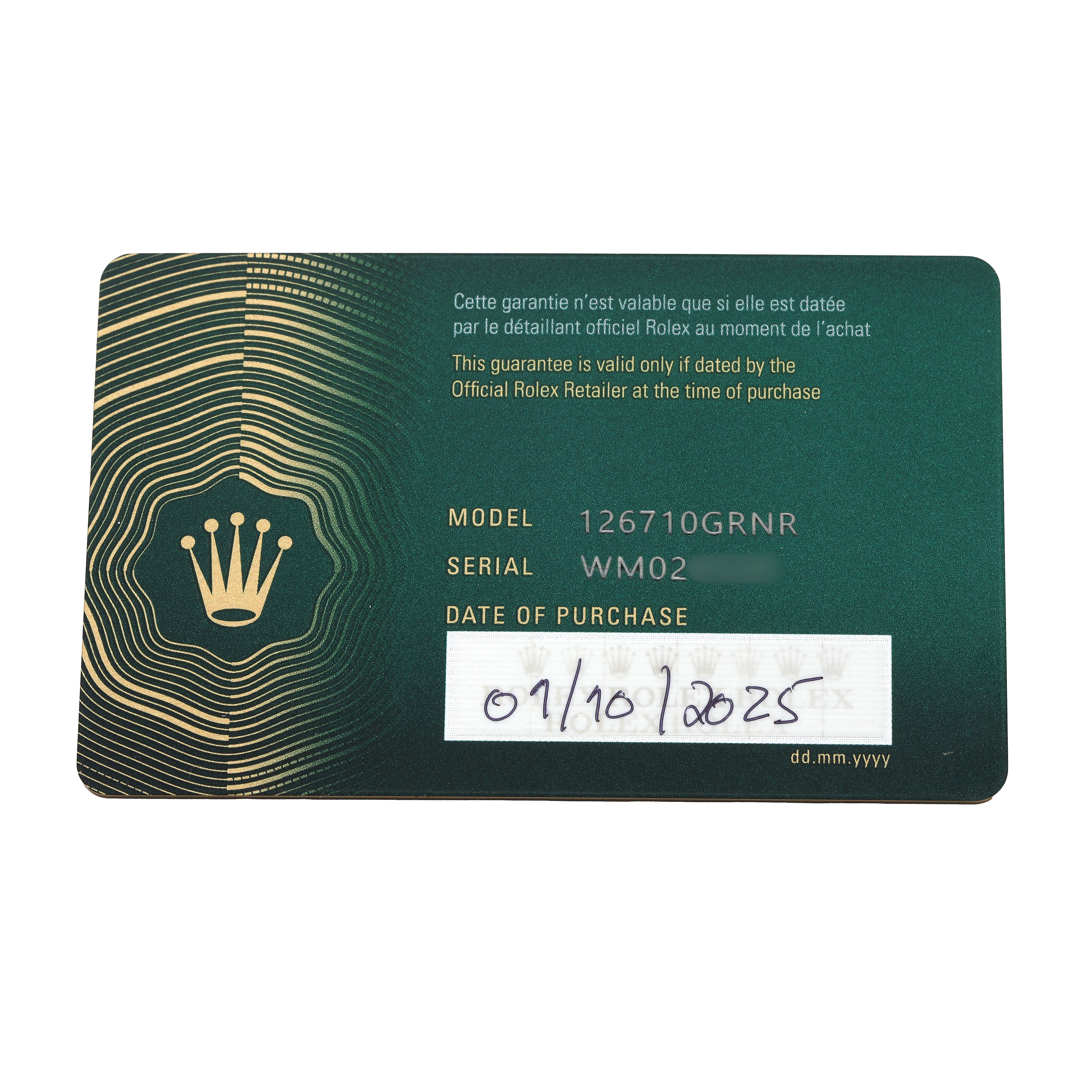 The image shows a guarantee card for the Rolex GMT-Master 126710 Men's Stainless Steel Black Dial model, displaying model and serial numbers and purchase date.