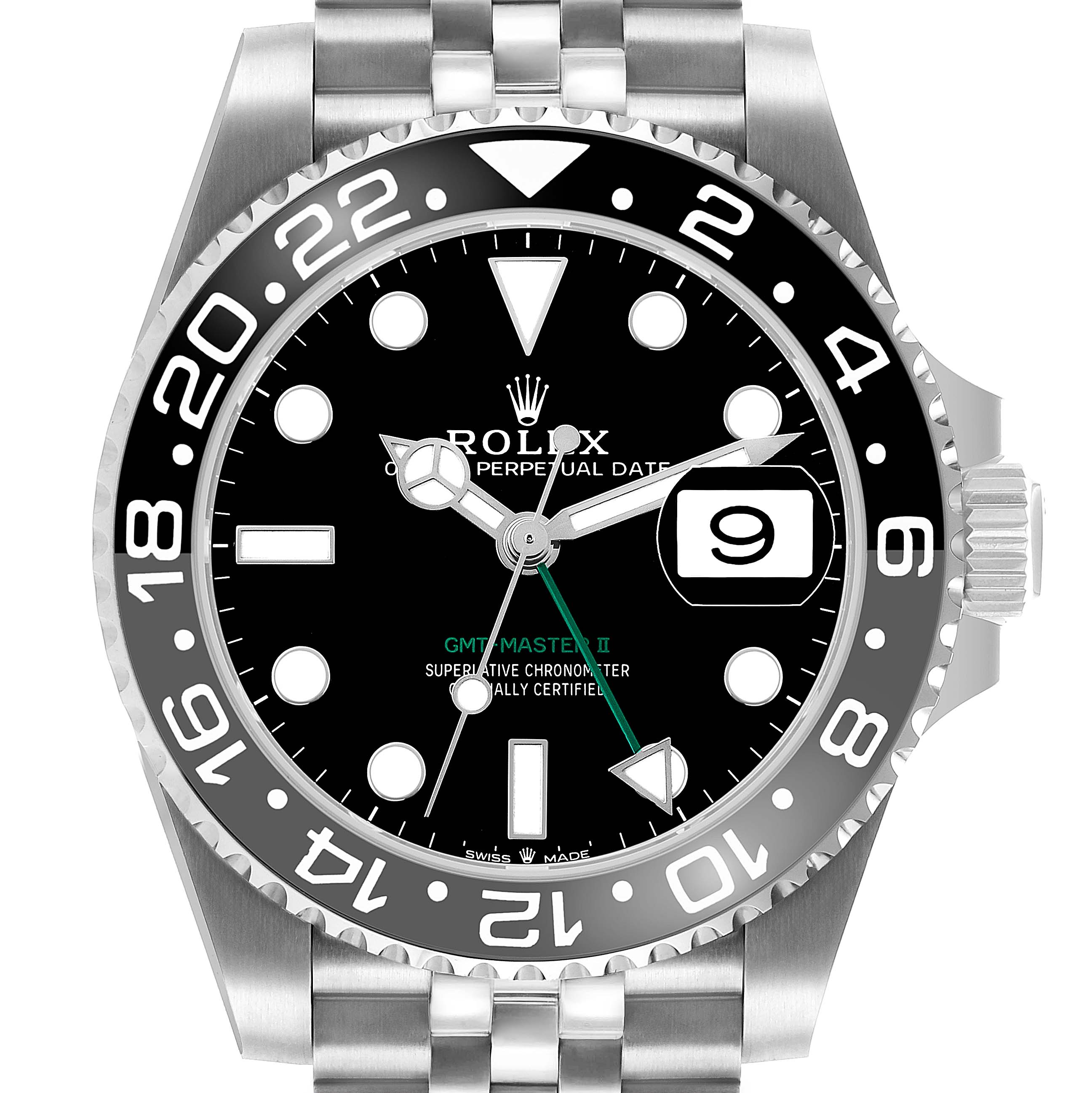 The Rolex GMT-Master 126710 Men's Stainless Steel Black Dial watch is displayed front-on, showing the bezel, dial, and bracelet.