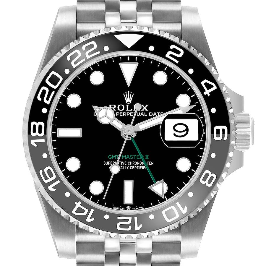 The Rolex GMT-Master 126710 Men's Stainless Steel Black Dial watch is displayed front-on, showing the bezel, dial, and bracelet.