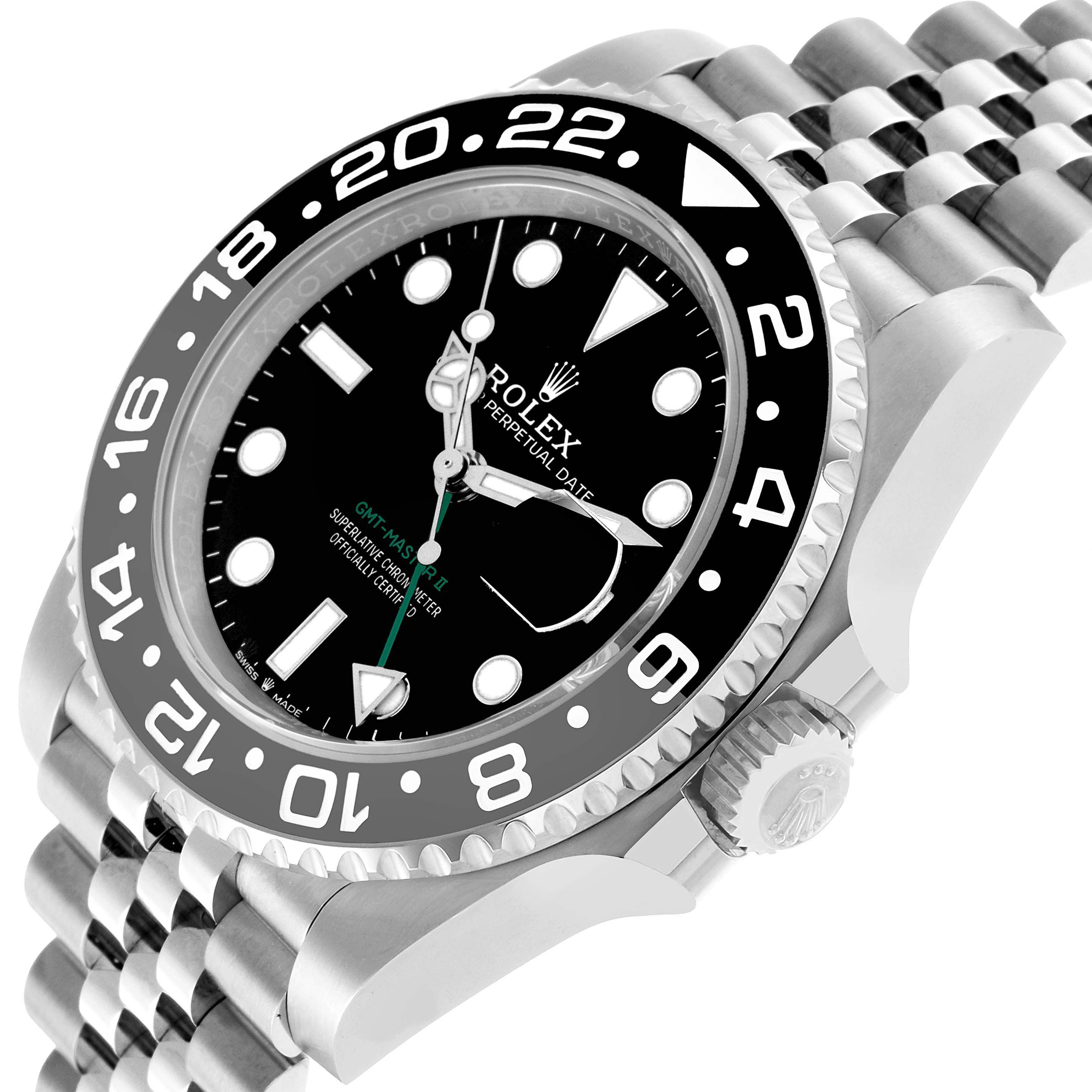 The image shows a side view of the Rolex GMT-Master 126710 Men's Stainless Steel Black Dial watch, highlighting the bezel, dial, and jubilee bracelet.