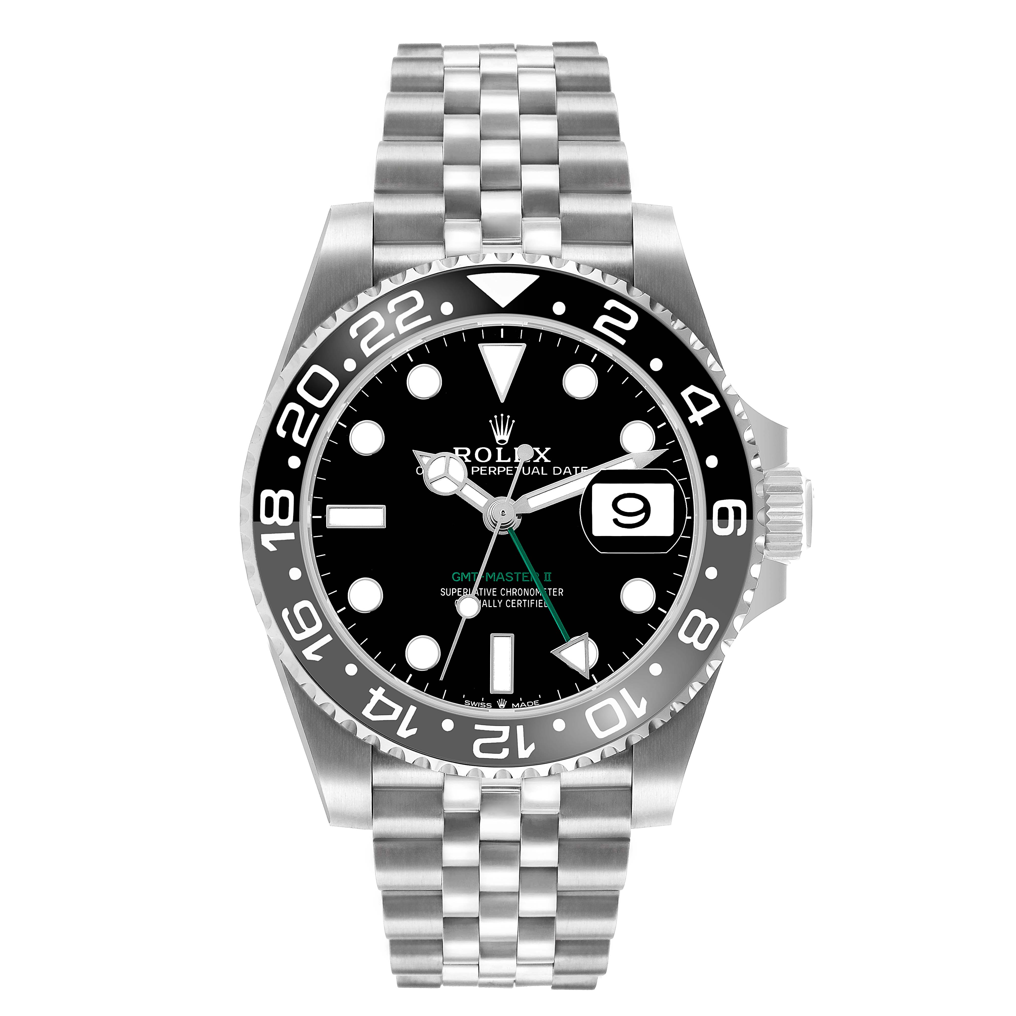 The Rolex GMT-Master 126710 Men's Stainless Steel Black Dial watch is shown from the front, displaying the face, bezel, bracelet, and crown.