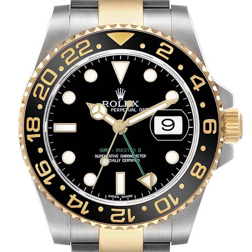 The Rolex GMT-Master 116713 Men's Steel and Gold (two tone) Black Dial II watch is shown from the front, highlighting the black dial, date window, and two-tone ceramic bezel.