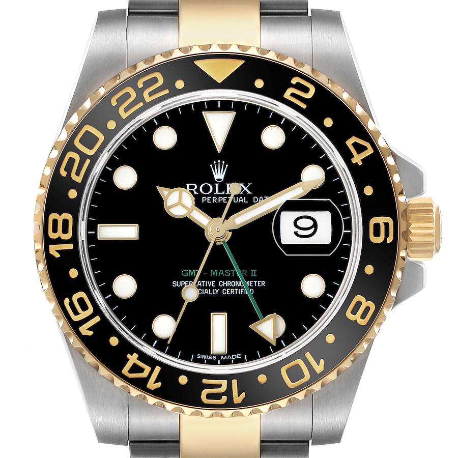 The Rolex GMT-Master 116713 Men's Steel and Gold (two tone) Black Dial watch is shown from a frontal angle, highlighting the dial, bezel, hands, and bracelet.