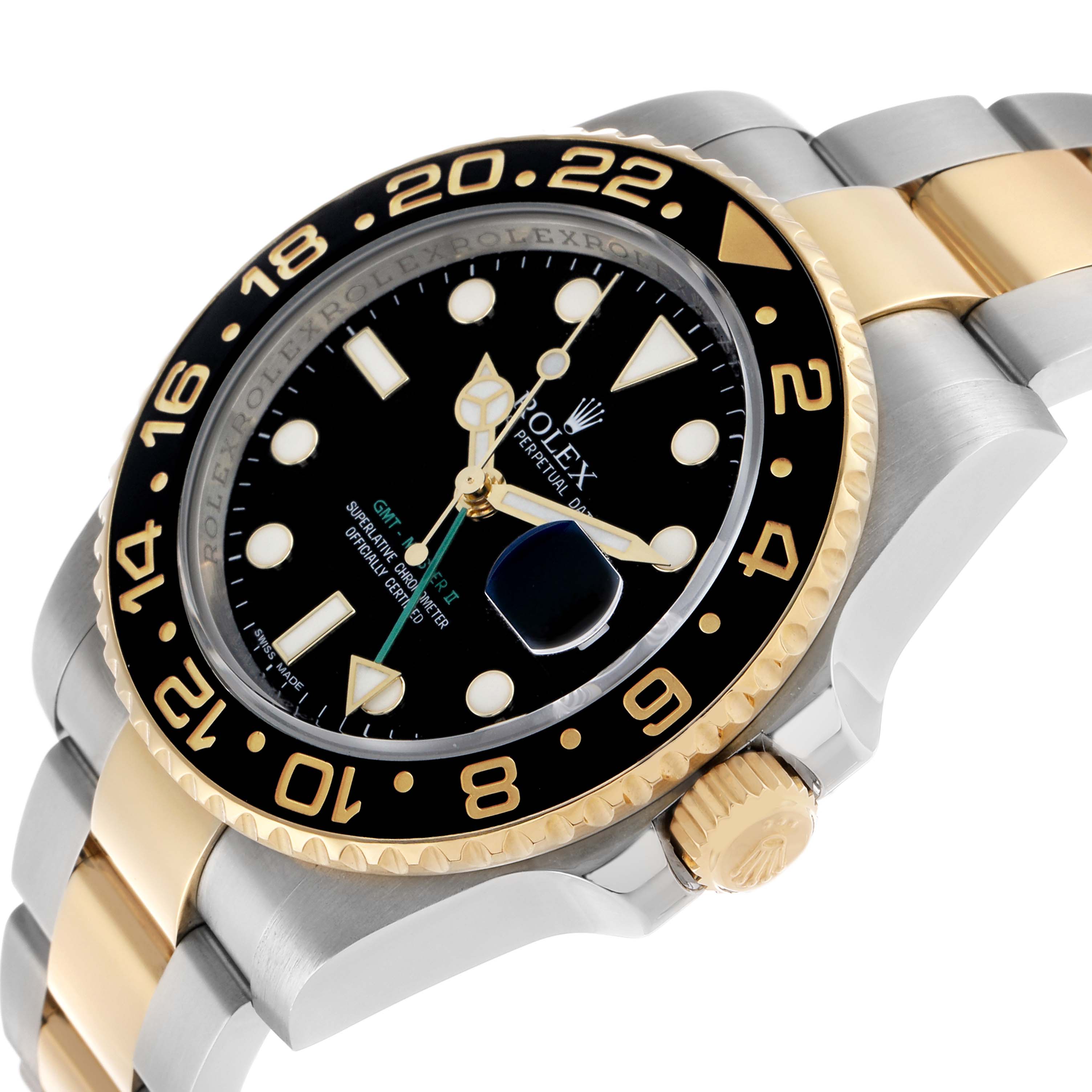 The Rolex GMT-Master 116713 Men's Steel and Gold (two tone) Black Dial watch is shown at an angled view, highlighting the bezel, dial, crown, and two-tone bracelet.