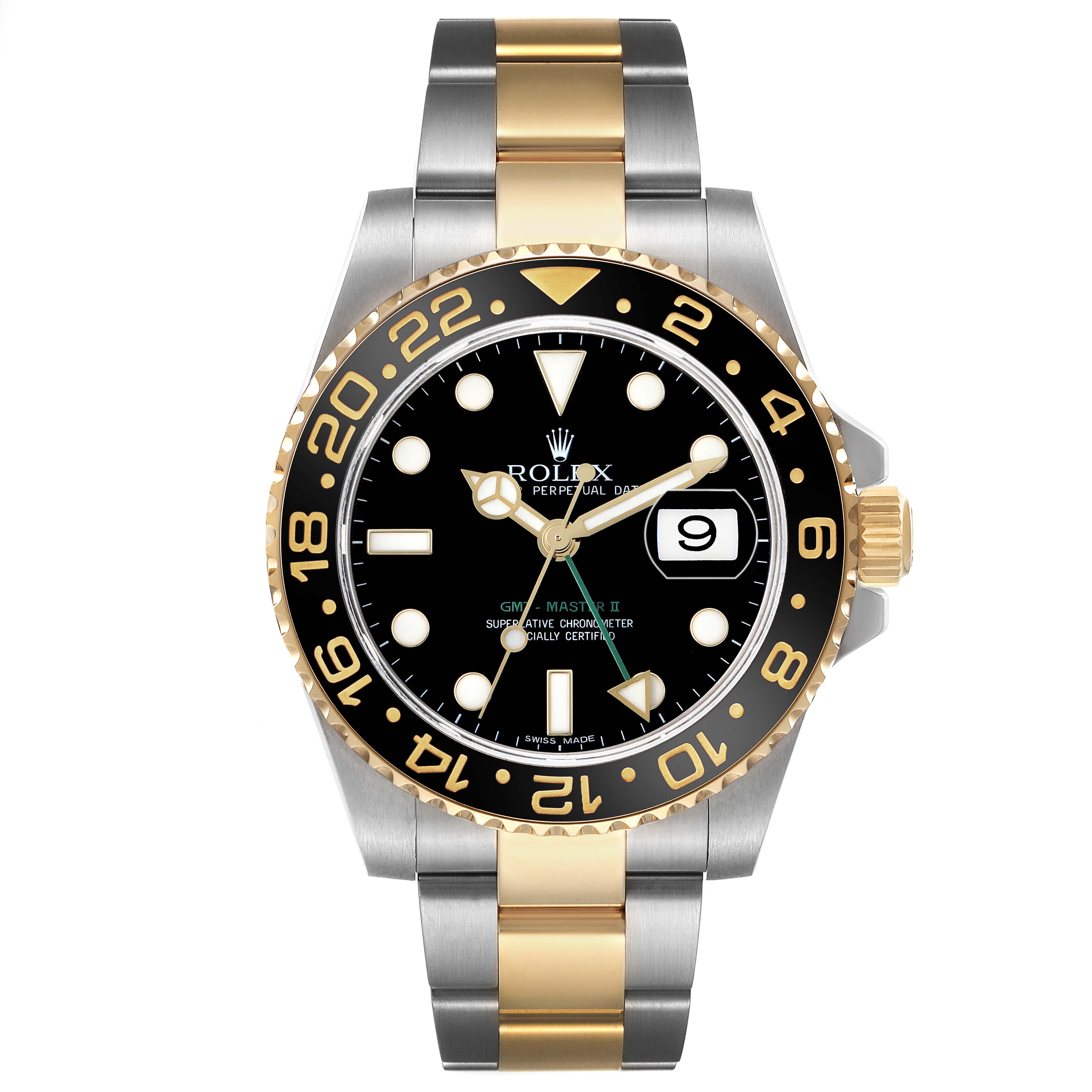 The Rolex GMT-Master 116713 Men's Steel and Gold (two tone) Black Dial watch is shown straight-on, displaying the dial, bezel, and two-tone bracelet.