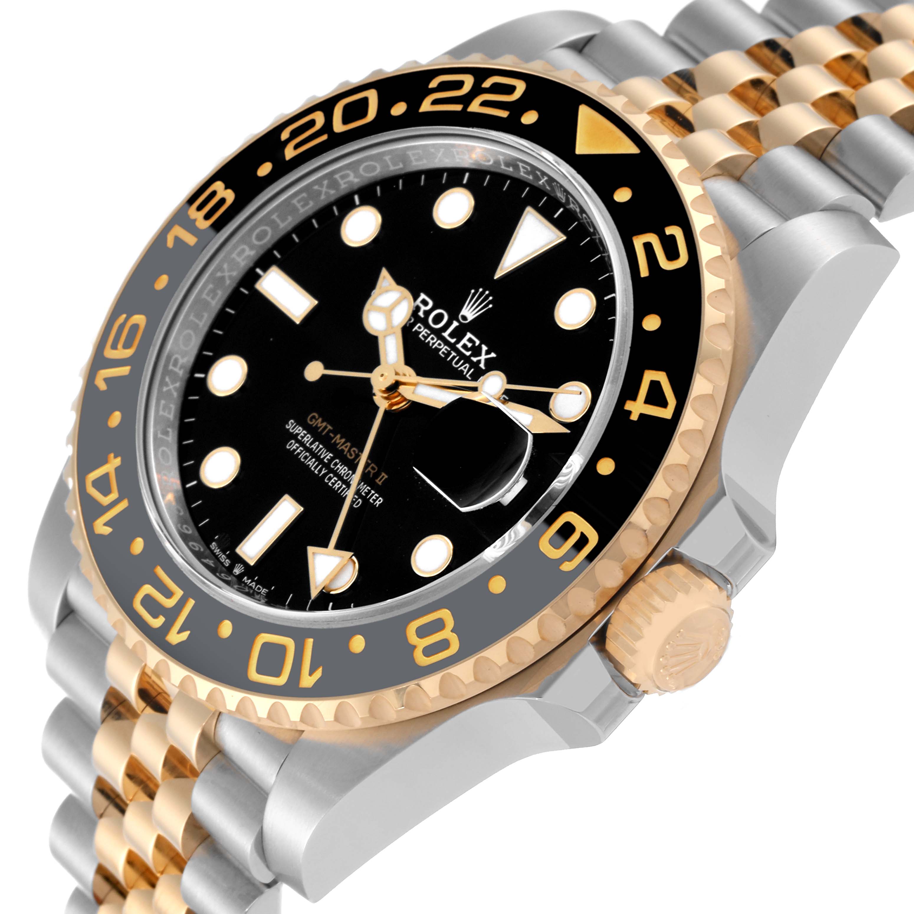 The image shows a Rolex GMT-Master 126713 Men's Steel and Gold (two tone) Black Dial 126713 Men's Steel and Gold (two tone) Black Dial II watch at an angled view, highlighting the bezel, dial, crown, and two-tone bracelet.