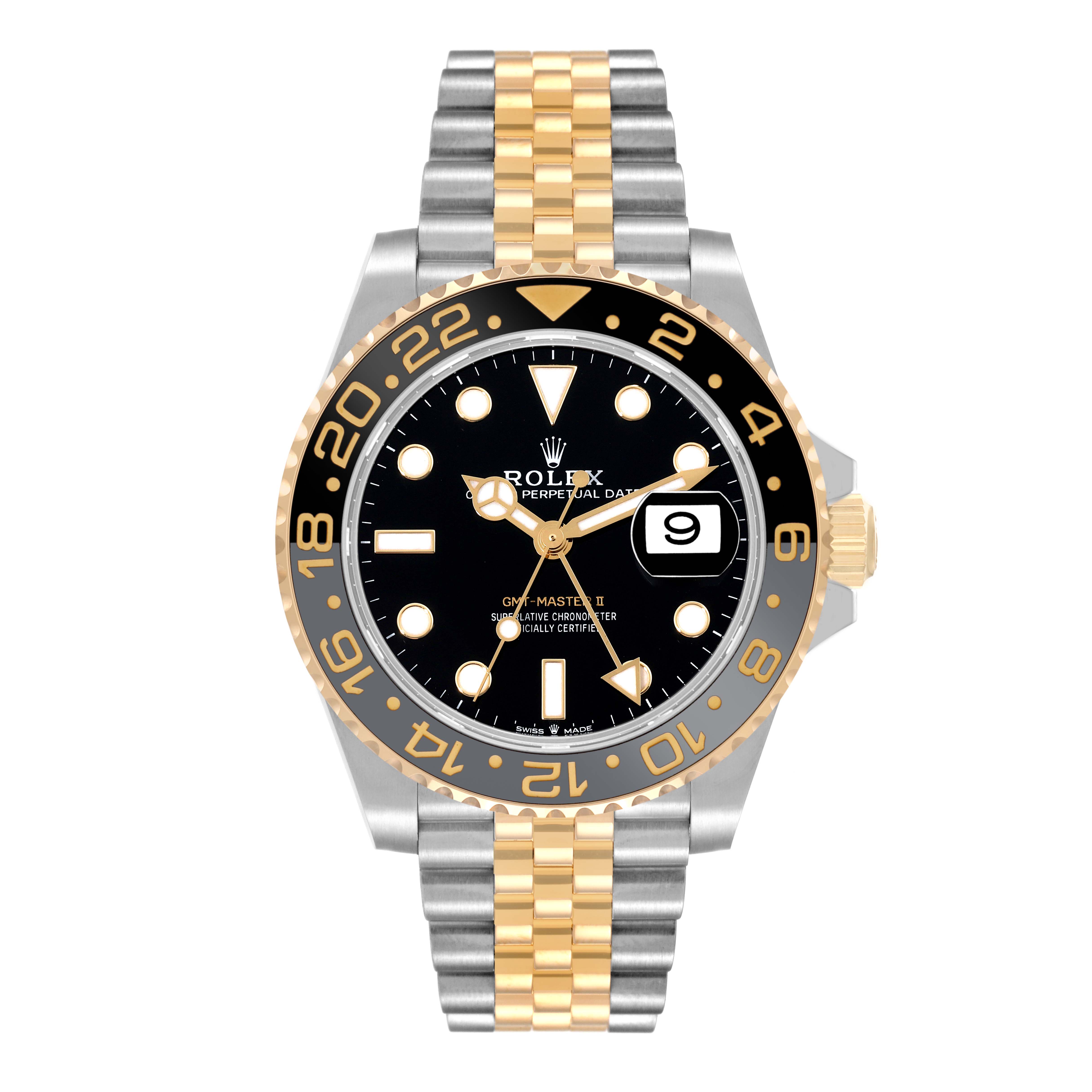 The image shows a frontal view of a Rolex GMT-Master 126713 Men's Steel and Gold (two tone) Black Dial 126713 Men's Steel and Gold (two tone) Black Dial II watch with a two-tone metal band and a black dial with a date window.