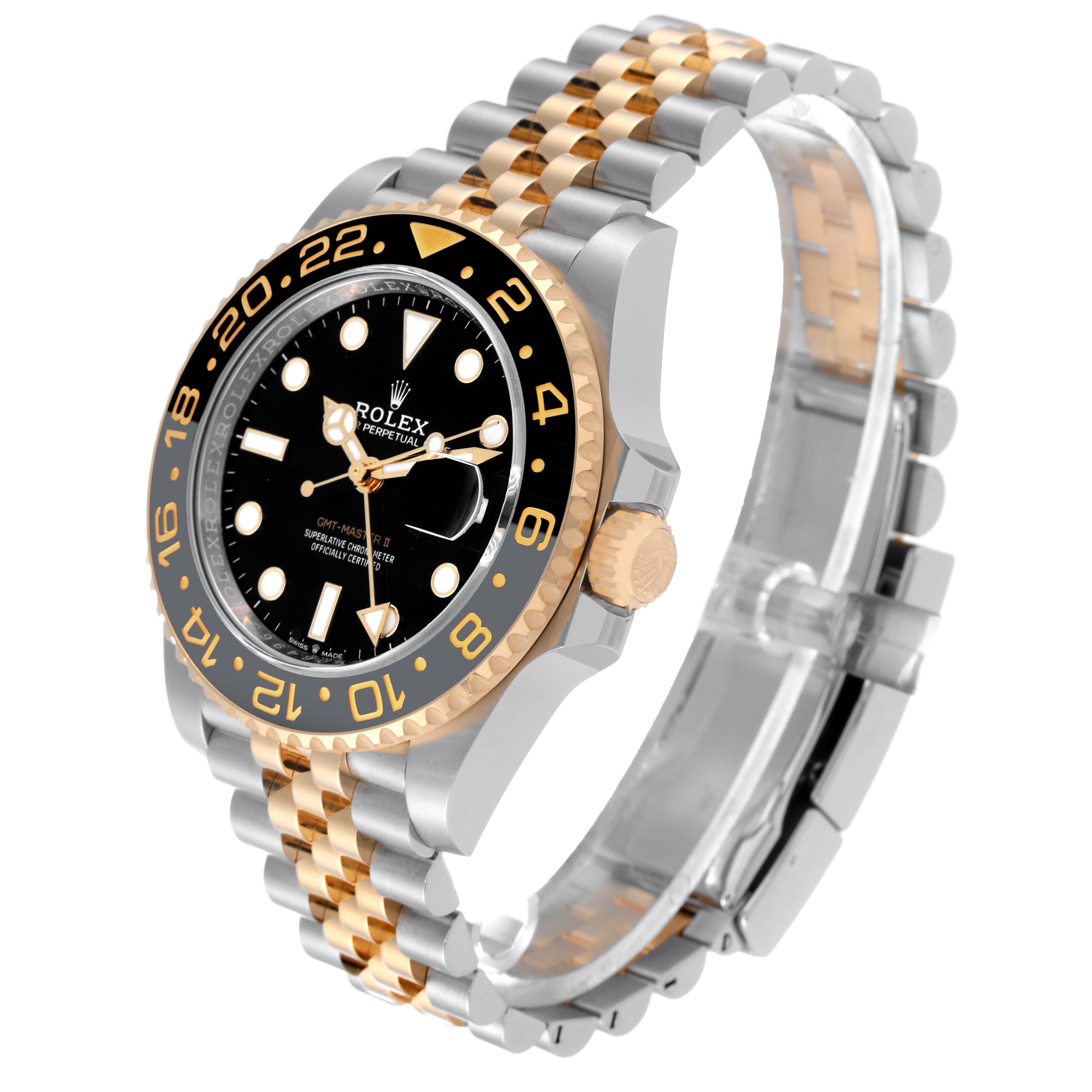 The image shows a Rolex GMT-Master 126713 Men's Steel and Gold (two tone) Black Dial 126713 Men's Steel and Gold (two tone) Black Dial watch at an angled side view, highlighting the bezel, dial, crown, and bracelet.